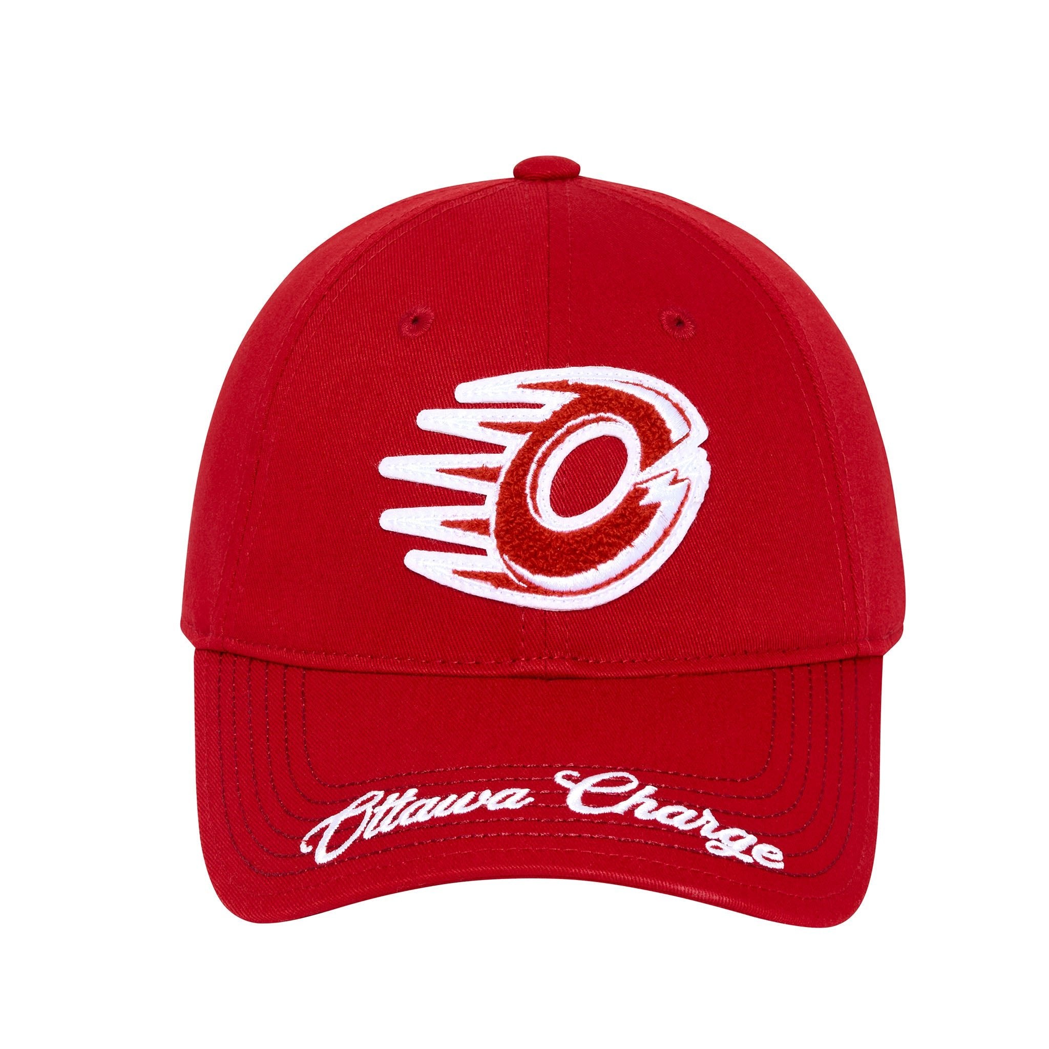 Red cap with white logo and text on a white background
