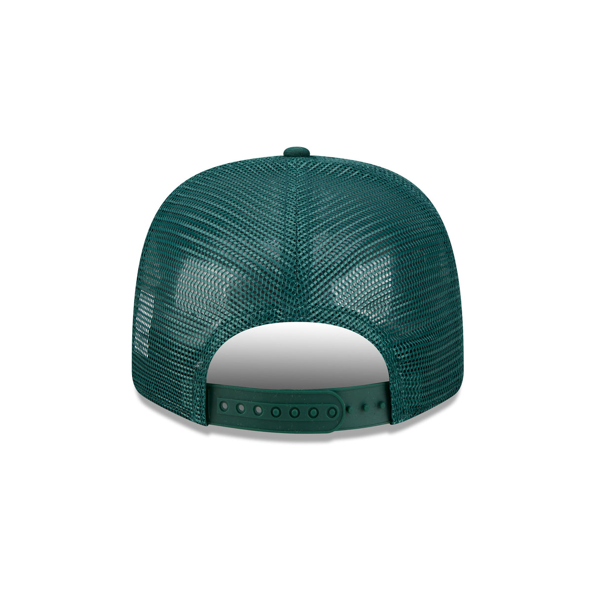 Back of a green structured Boston Fleet hat with a green mesh back and green plastic snaps. 