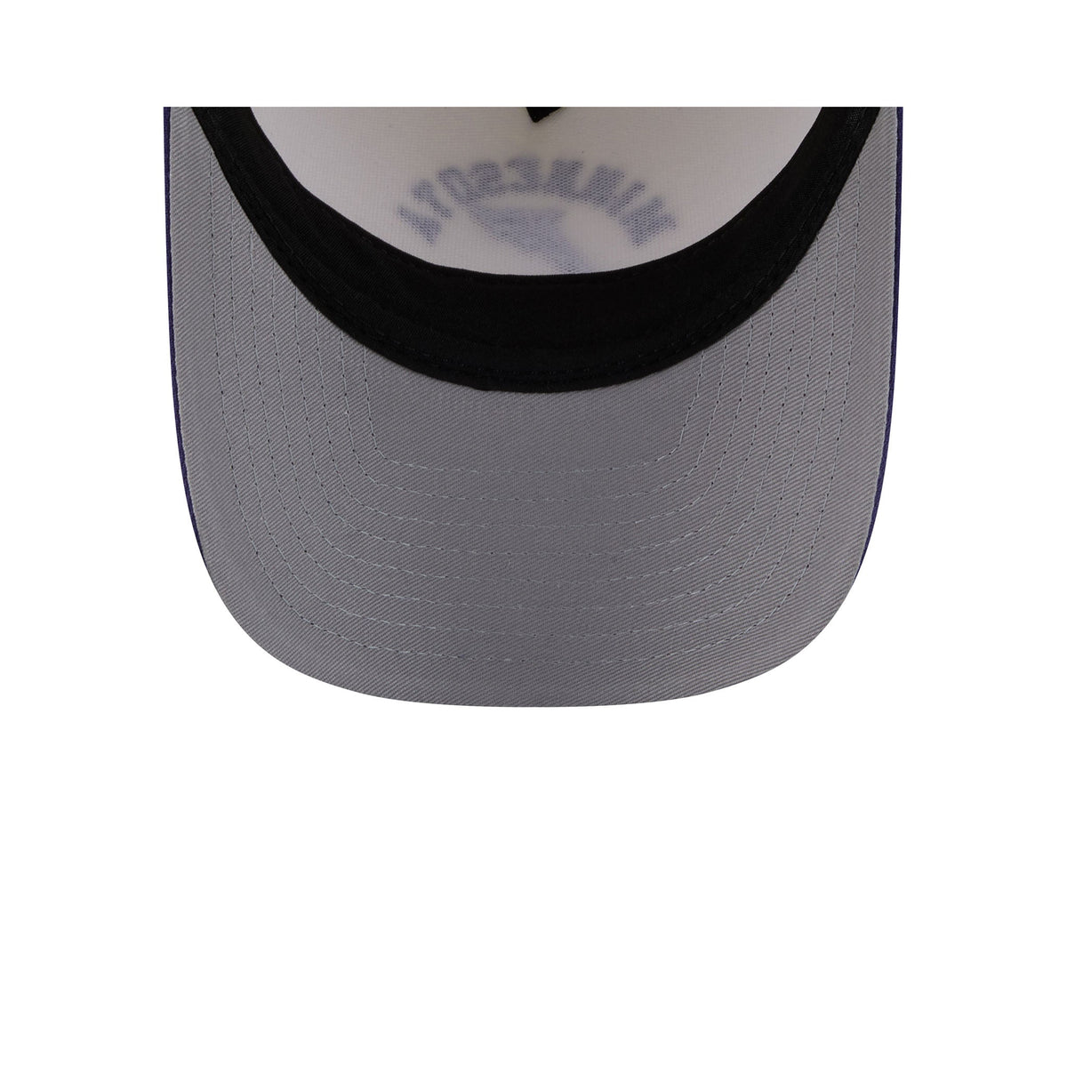 Close-up of the back of a baseball cap showing a gray curved brim, black embroidered side panels, and a white back panel with a faint gray 'MINNESOTA' logo.