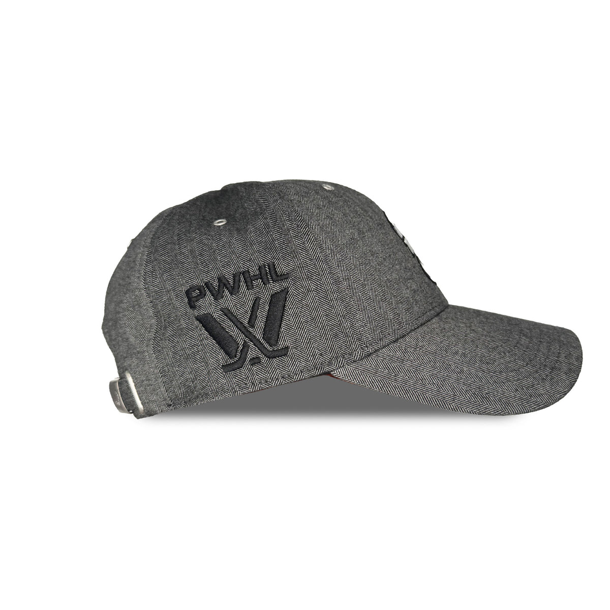 Side of a gray herringbone hat with a black PWHL logo embroidered. 