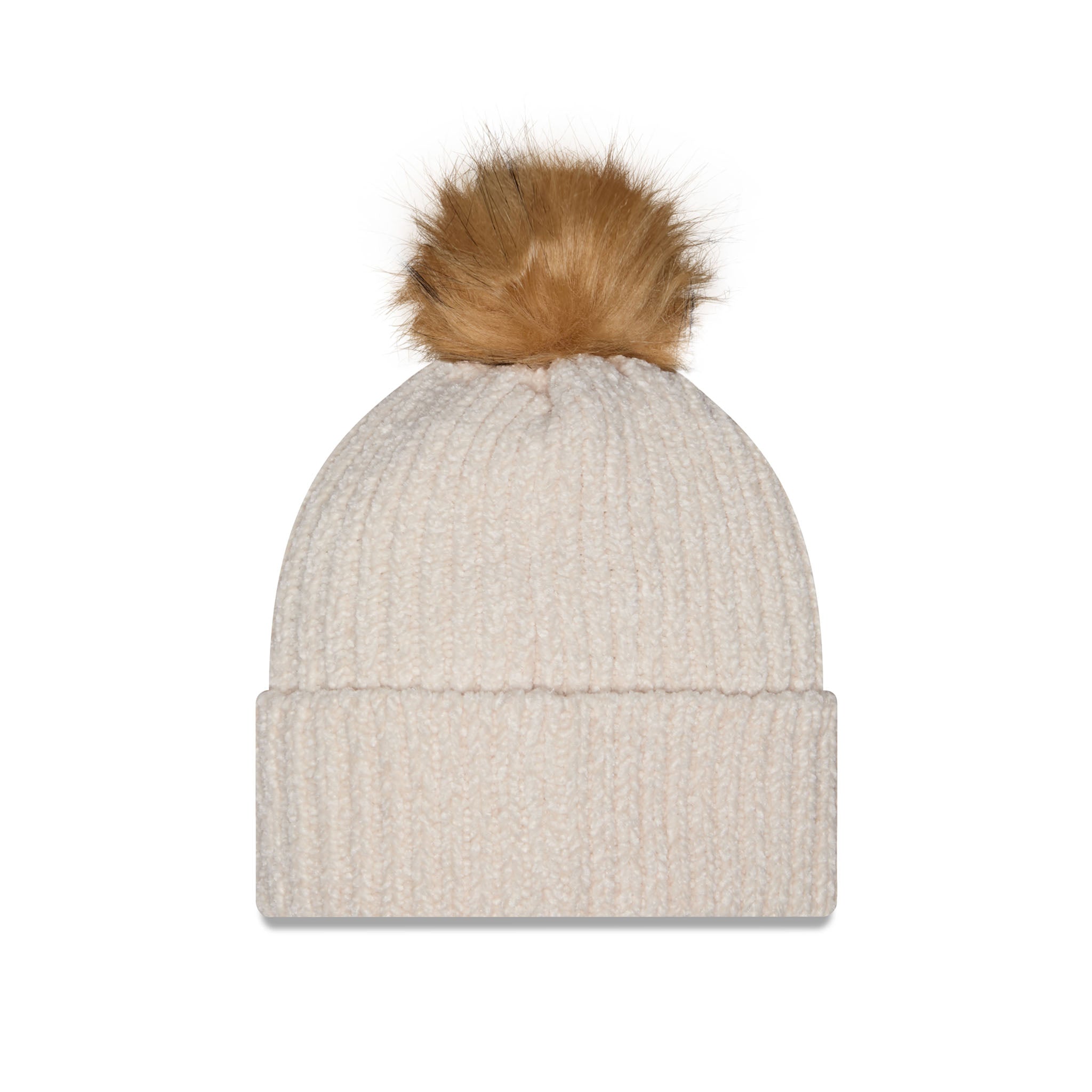 A ribbed knit beanie hat in a light cream or oatmeal color, topped with a fluffy tan faux fur pom-pom, shown against a plain white background.