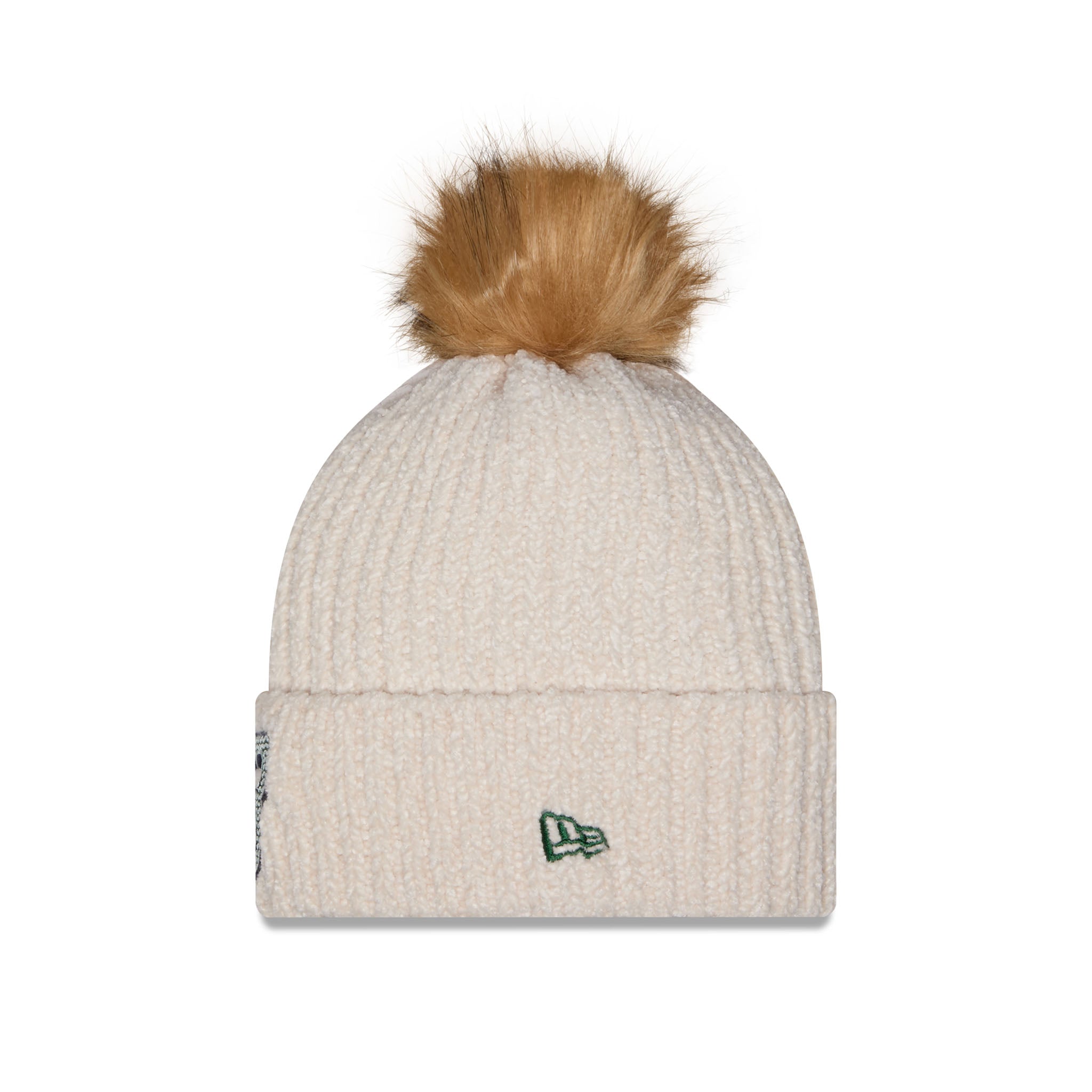 An off-white ribbed knit pom-pom beanie with a small green embroidered New Era logo on the front cuff, set against a plain white background.