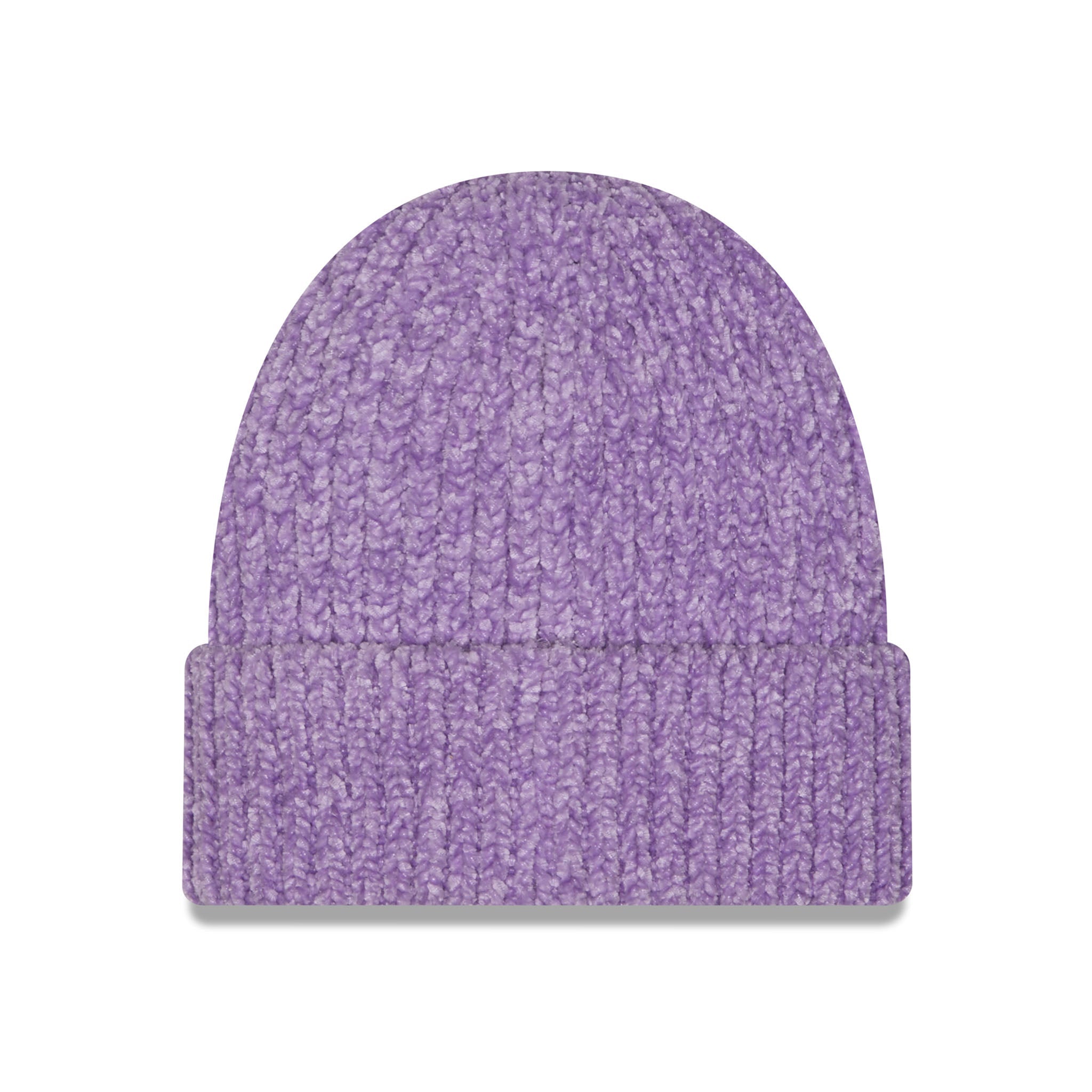A purple marled knit beanie hat with a folded cuff, shown against a plain white background.