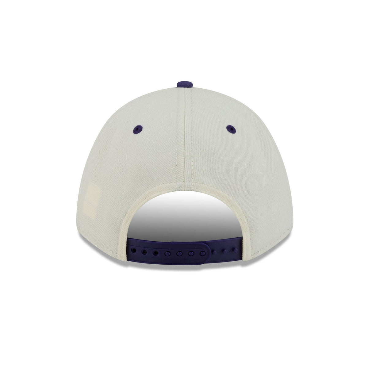 Back view of a structured baseball cap in off-white with purple eyelets, top button, and adjustable strap.