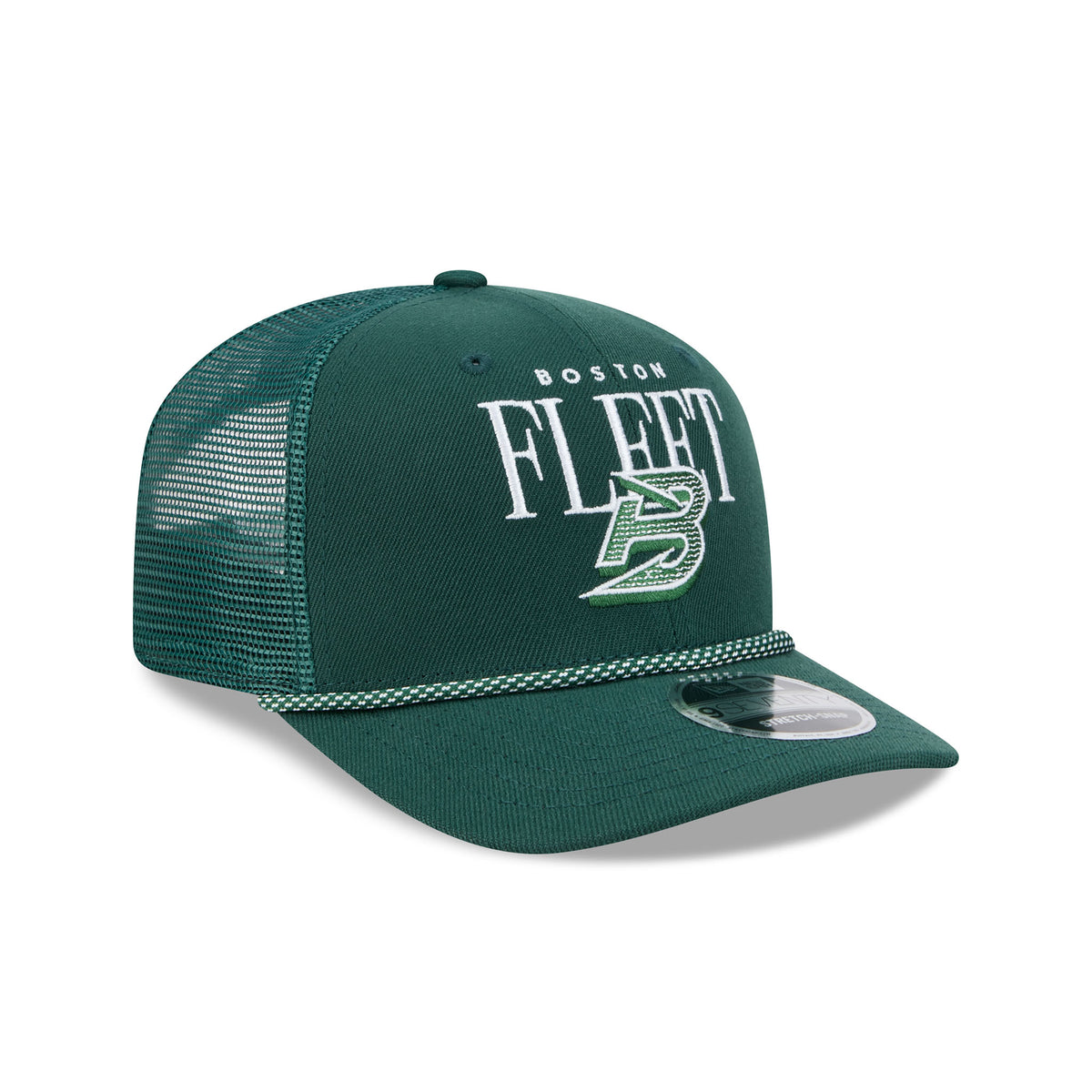 Right side of a green structured hat with a green mesh back and a green and white speckled chord along the base of the brim. 'BOSTON' is embroidered small above a larger 'FLEET' with a Boston Fleet logo set in front of it. 
