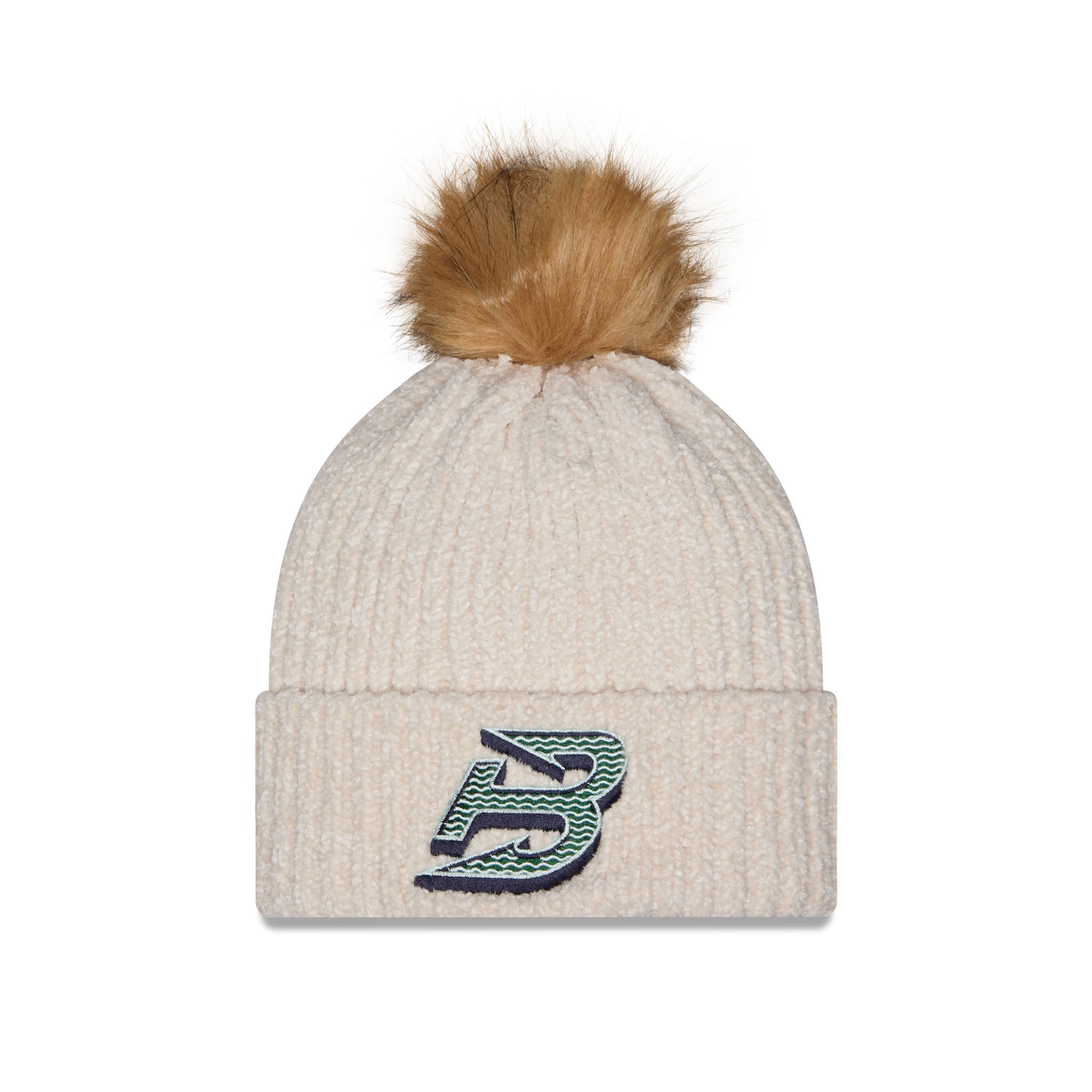 A ribbed knit pom-pom beanie in cream with a brown faux-fur pom-pom and a stylized embroidered letter 'B' logo on the front cuff.