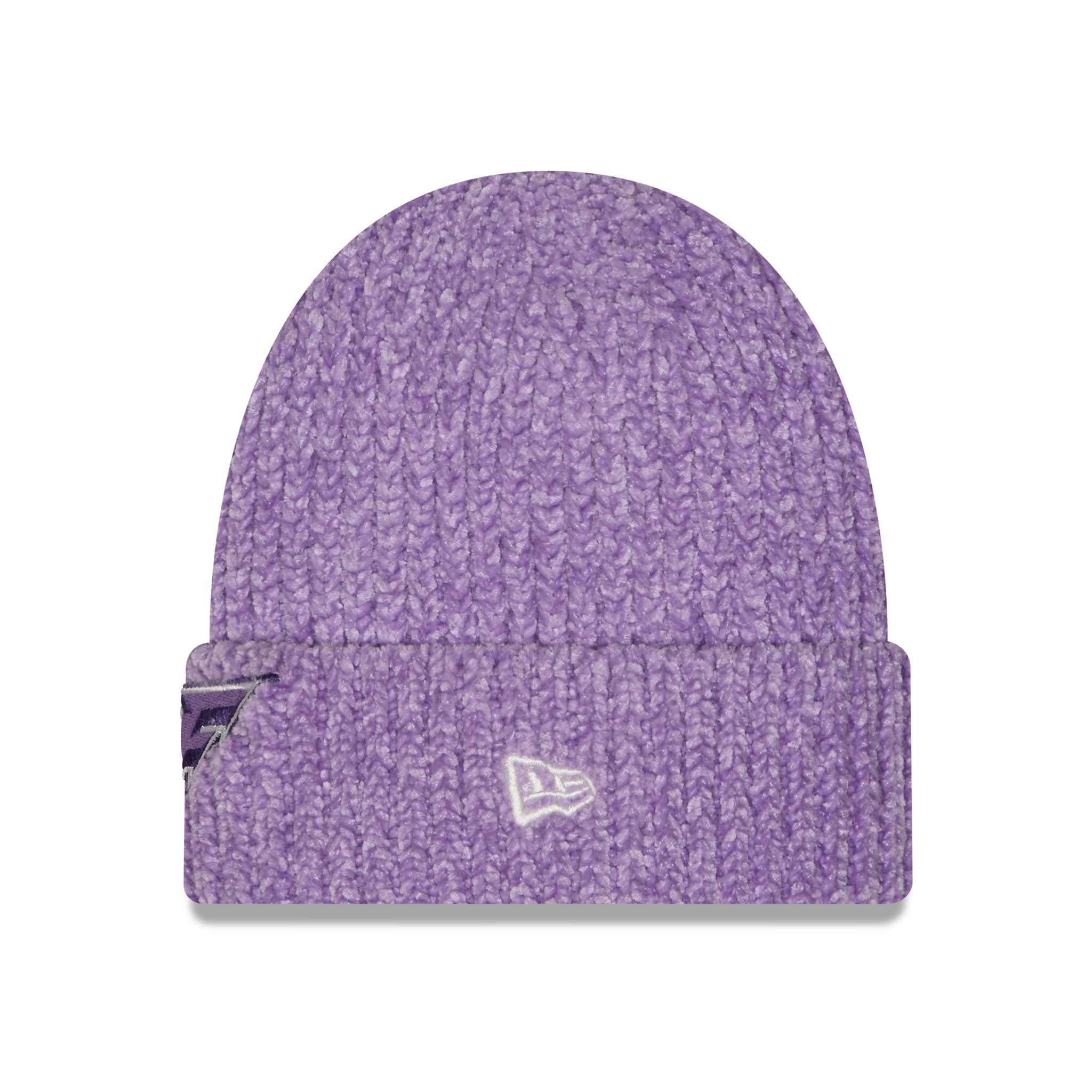 A purple heathered ribbed knit beanie hat with a folded cuff, featuring a white embroidered New Era flag logo on the front and a small dark side tag.