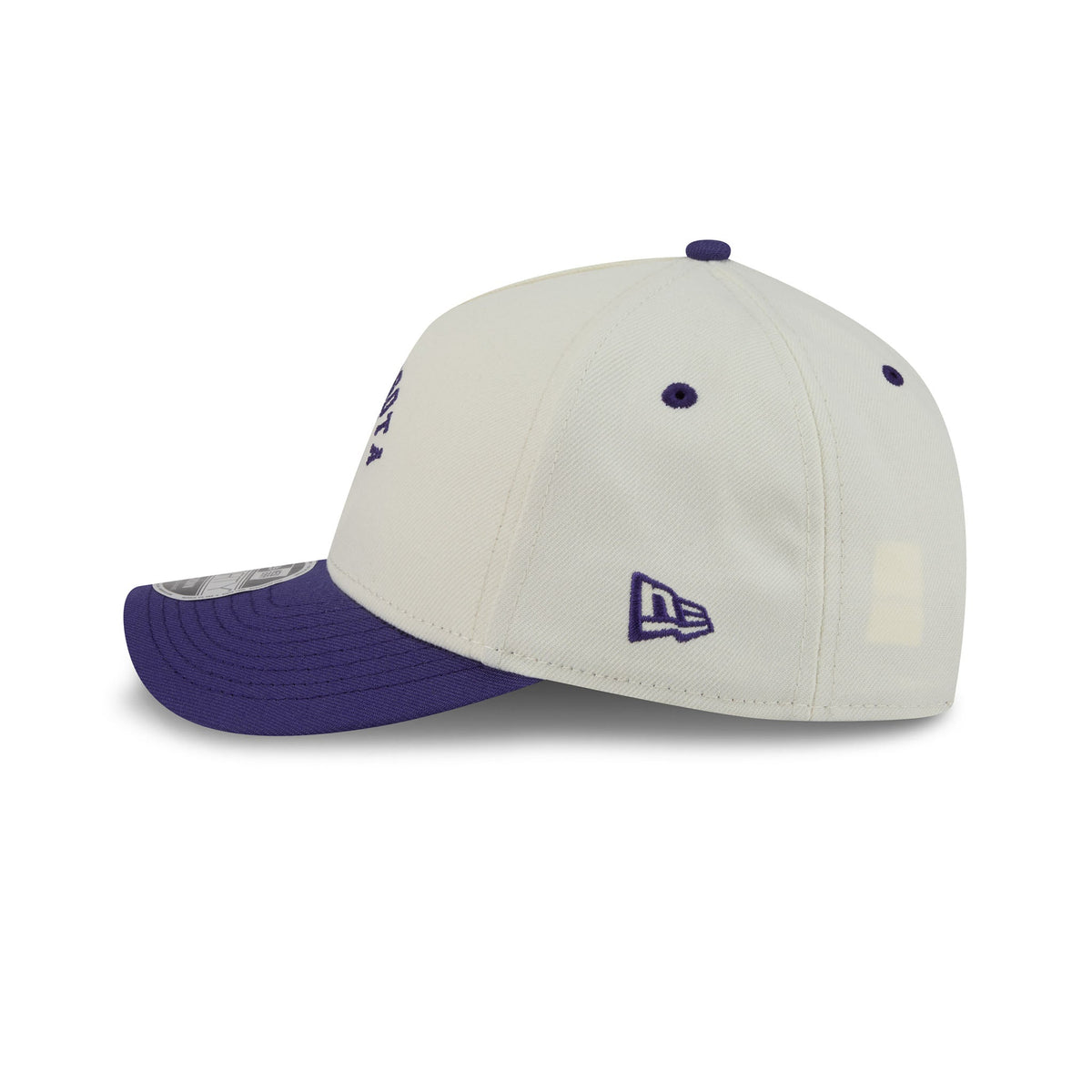 Baseball cap with white front and purple bill on a white background