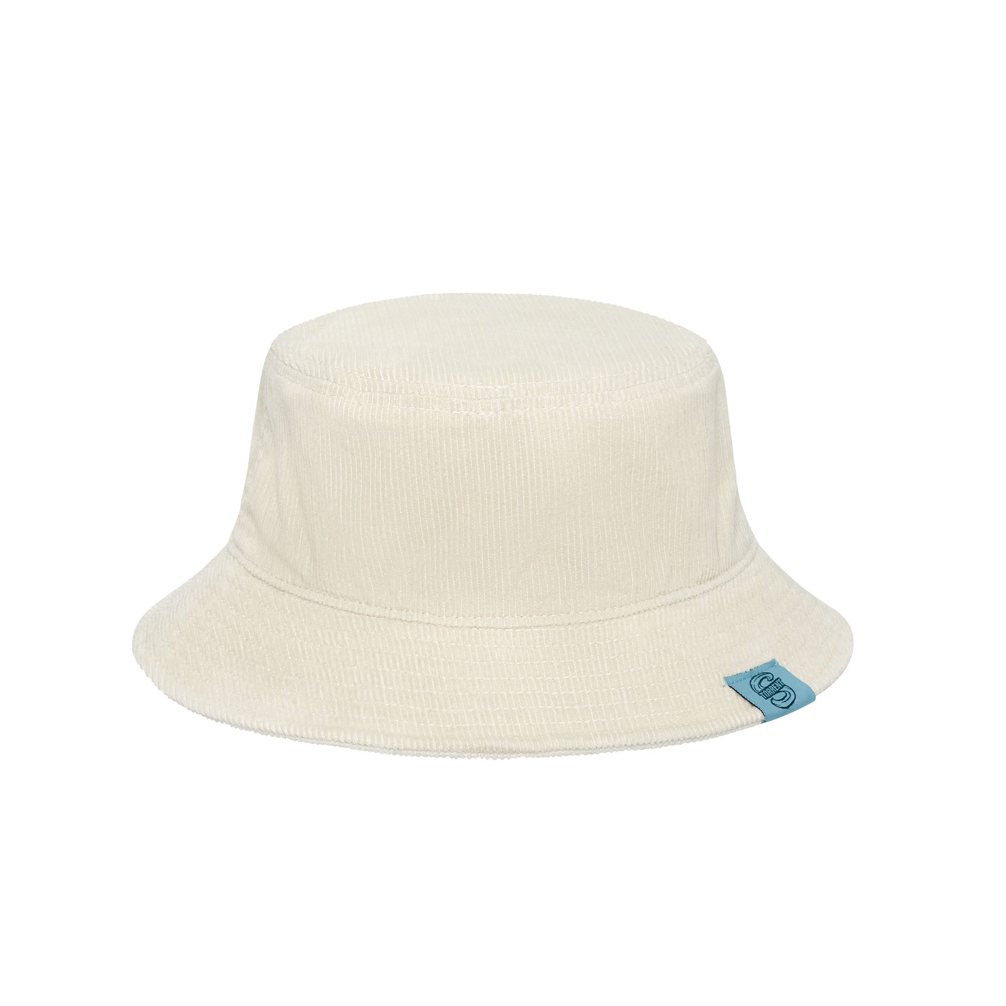 Beige bucket hat with a blue tag on a white background