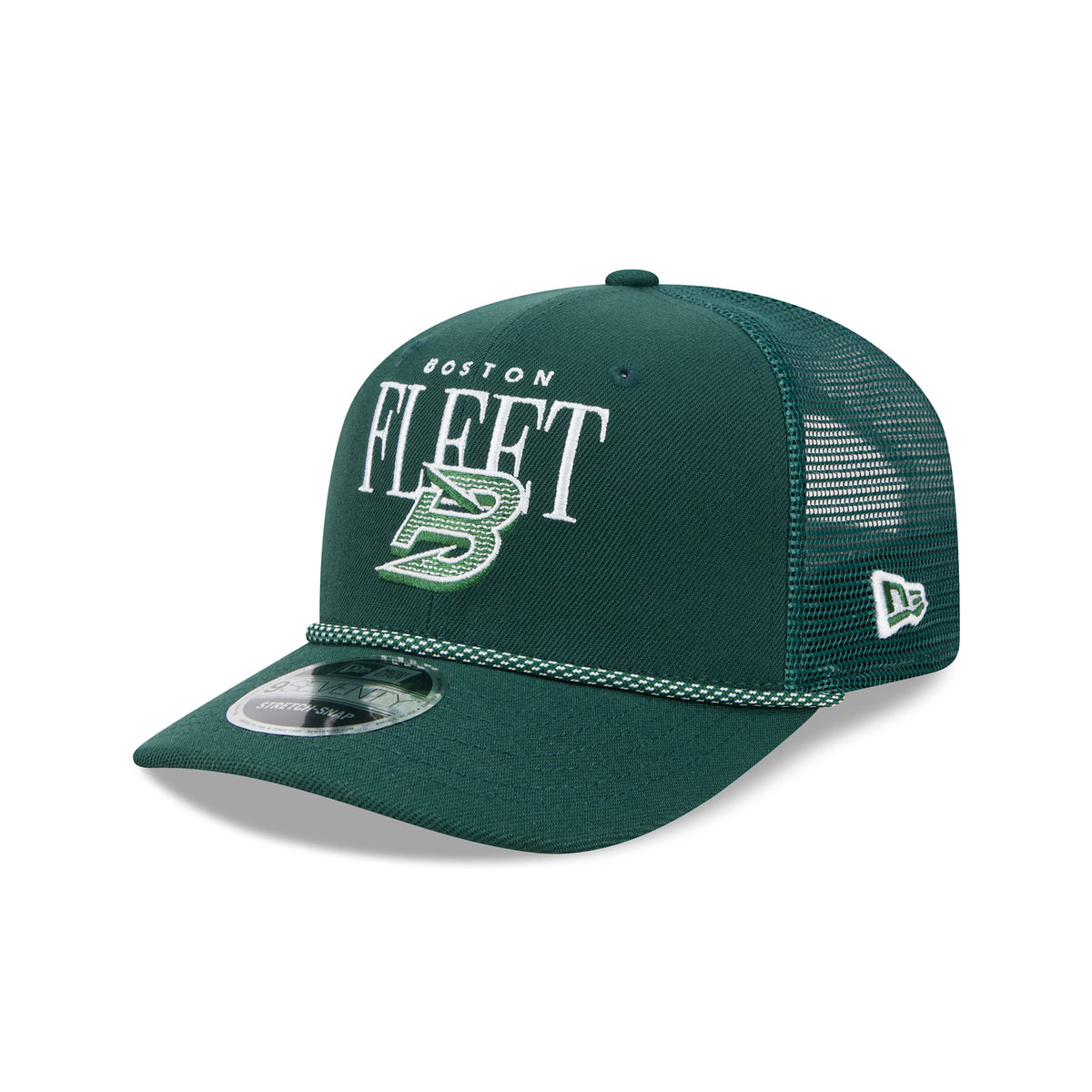 Left side of a green structured hat with a green mesh back and a green and white speckled chord along the base of the brim. 'BOSTON' is embroidered small above a larger 'FLEET' with a Boston Fleet logo set in front of it. White New Era logo stitched on side of green mesh. 
