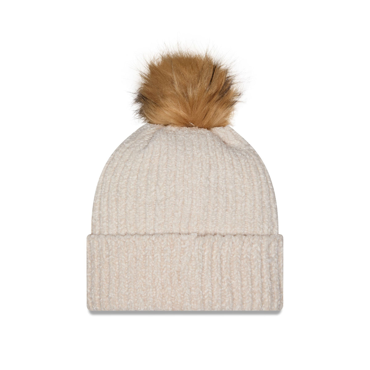 A ribbed knit beanie hat in a light cream-beige color, topped with a fluffy tan faux-fur pom-pom, shown against a plain white background.