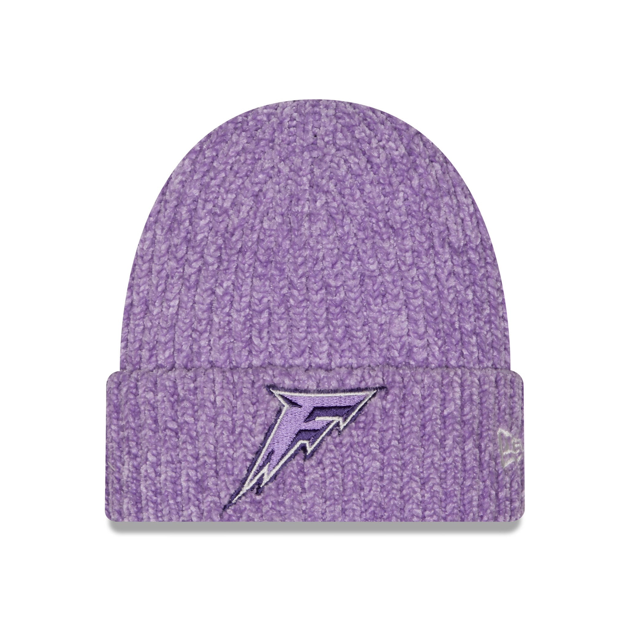 A purple knit beanie hat with a cuffed brim, featuring a stylized purple and silver letter 'F' logo embroidered on the front, set against a plain white background.