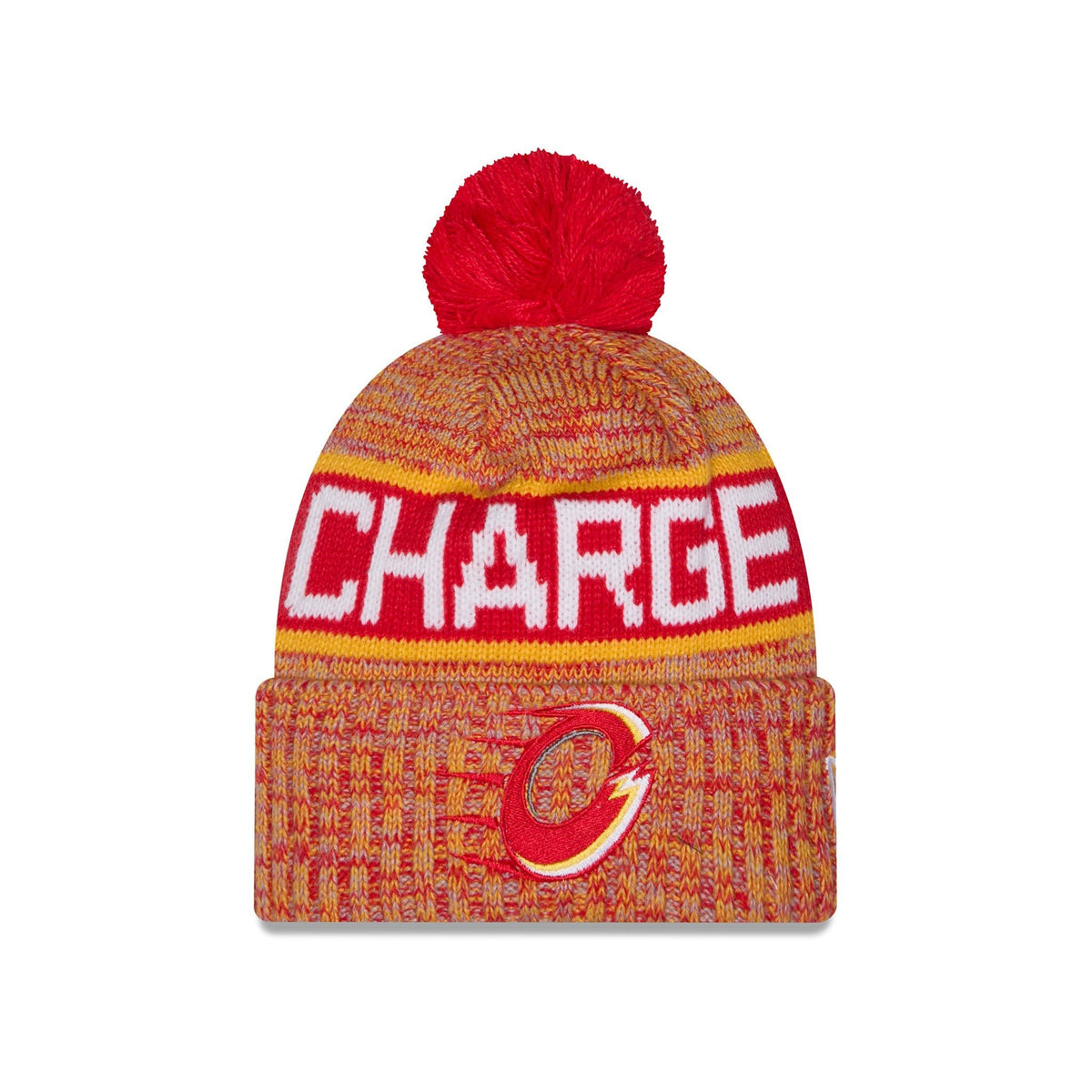 A knit pom-pom beanie in a red, orange, and yellow marled pattern, featuring the word 'CHARGE' in white across the crown and the Ottawa Charge 'C' logo on the folded cuff.