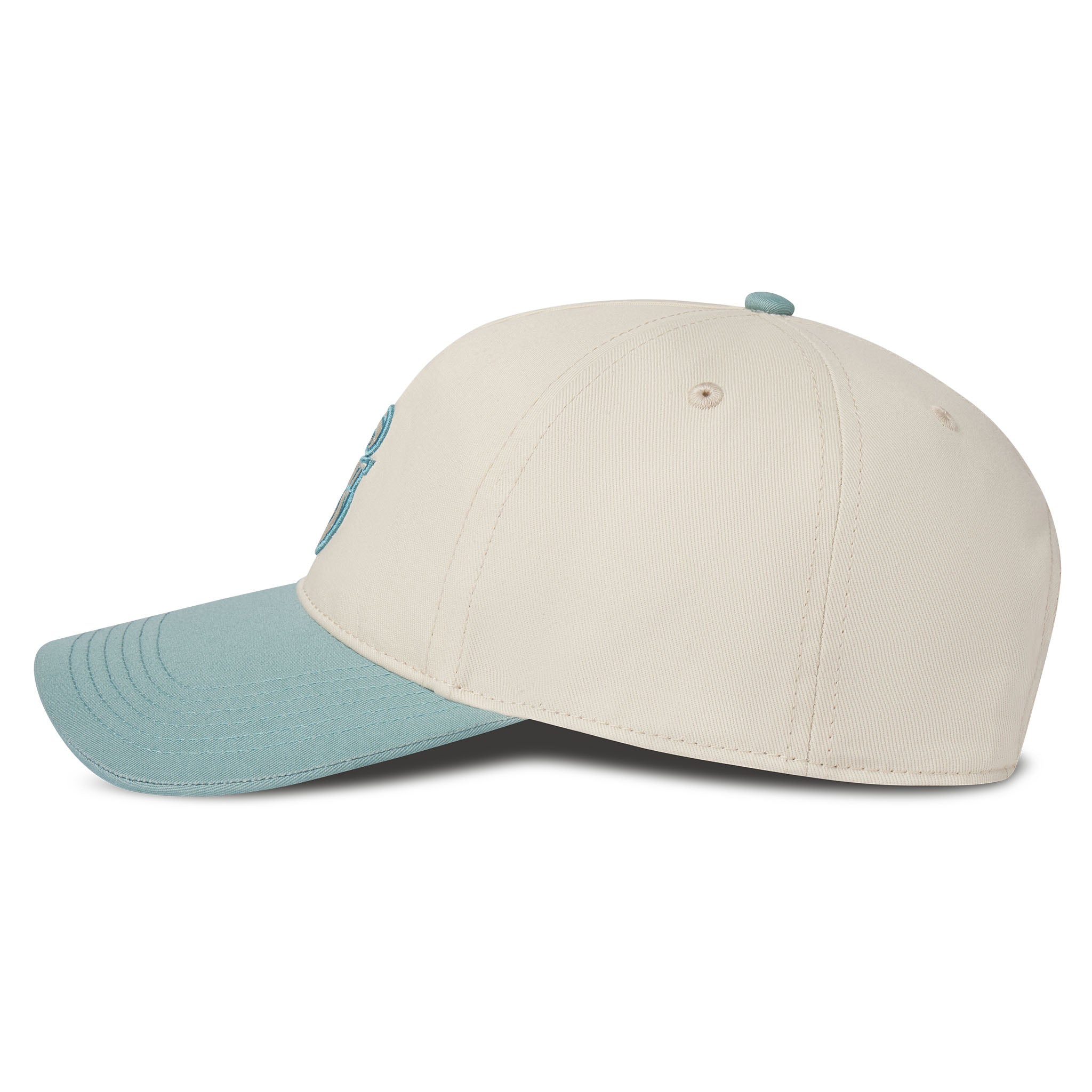 Two-tone beige and light blue baseball cap on a white background