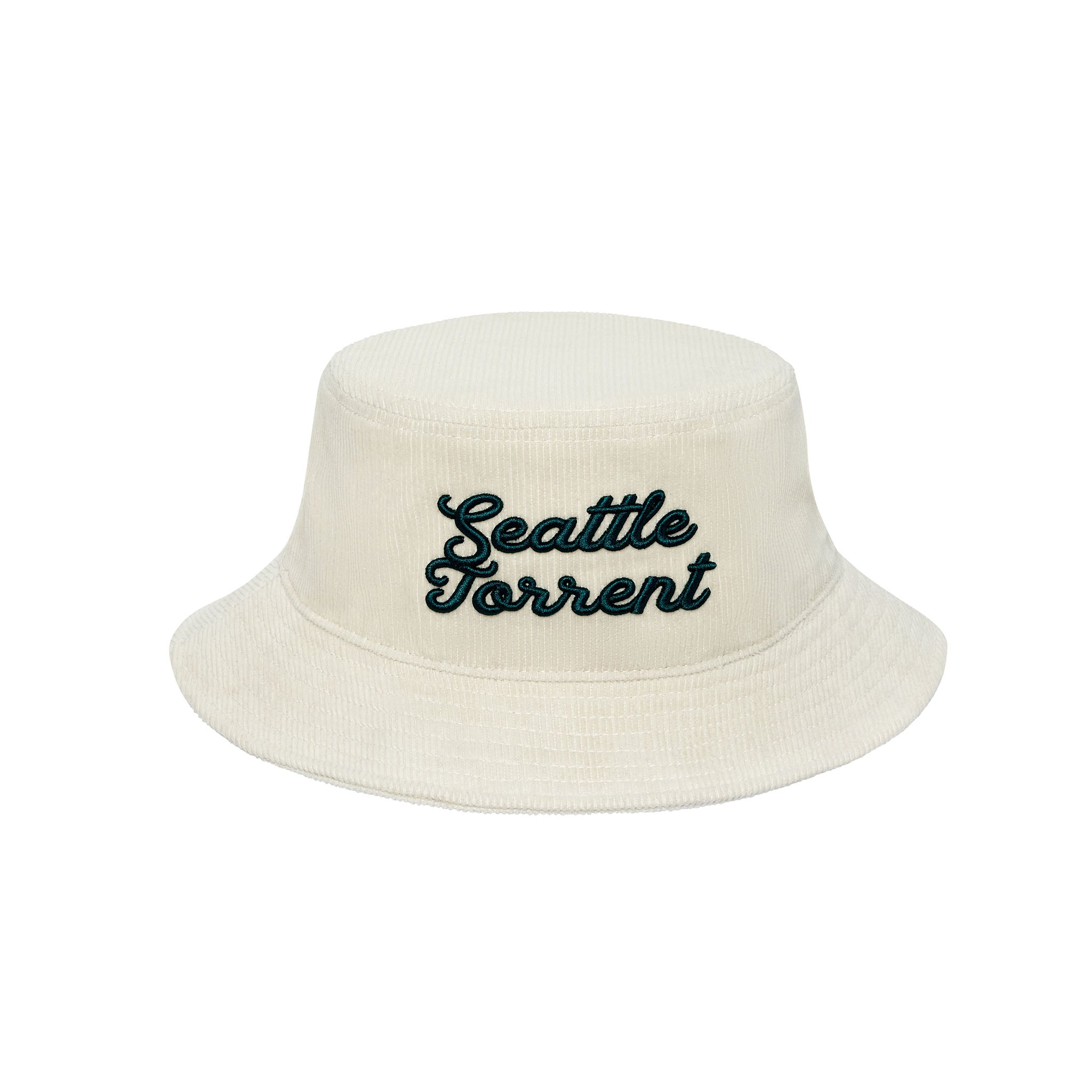 Beige bucket hat with 'Seattle Torrent' text on a white background