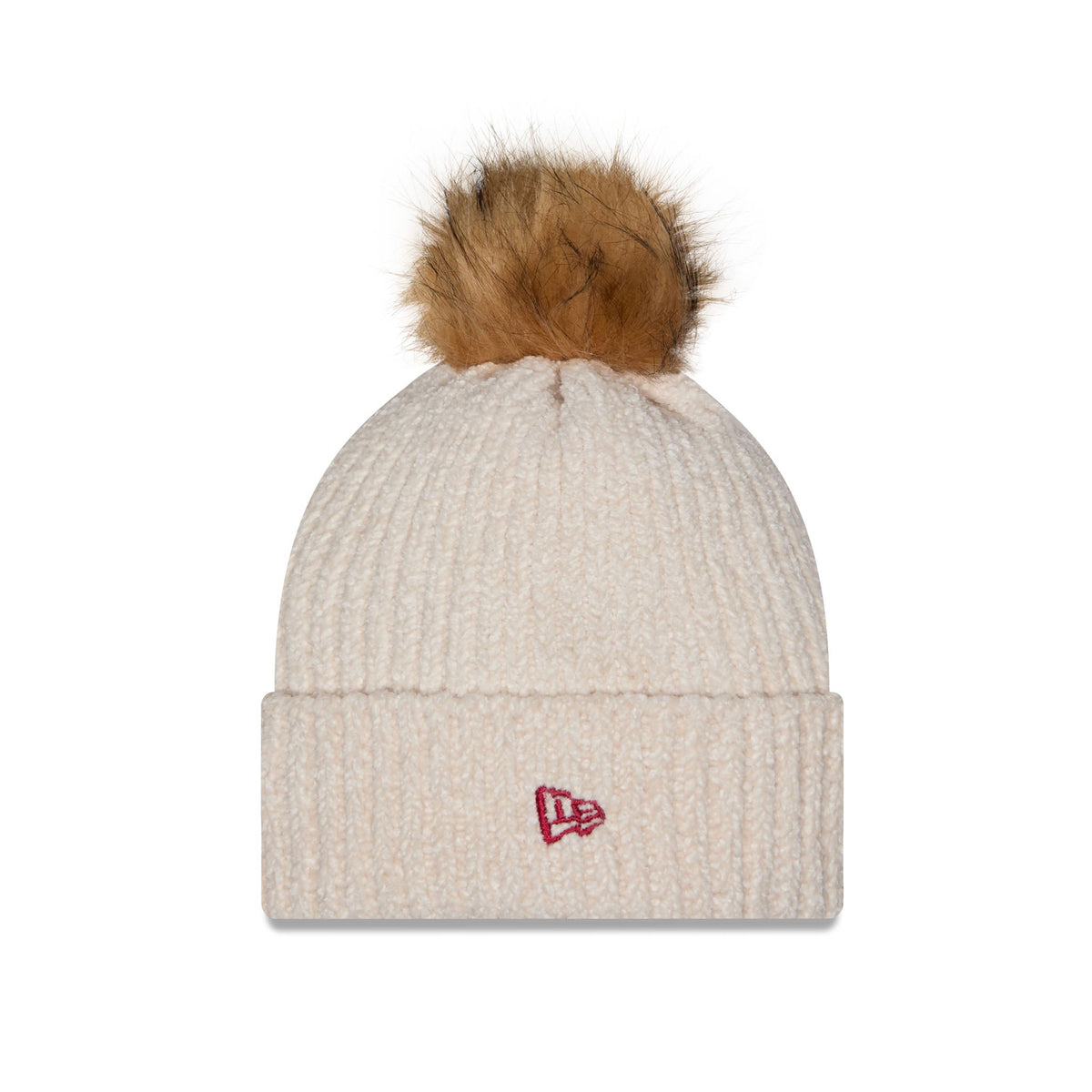 A cream-colored ribbed knit beanie hat with a brown faux fur pom-pom on top and a small red embroidered New Era logo on the front cuff.
