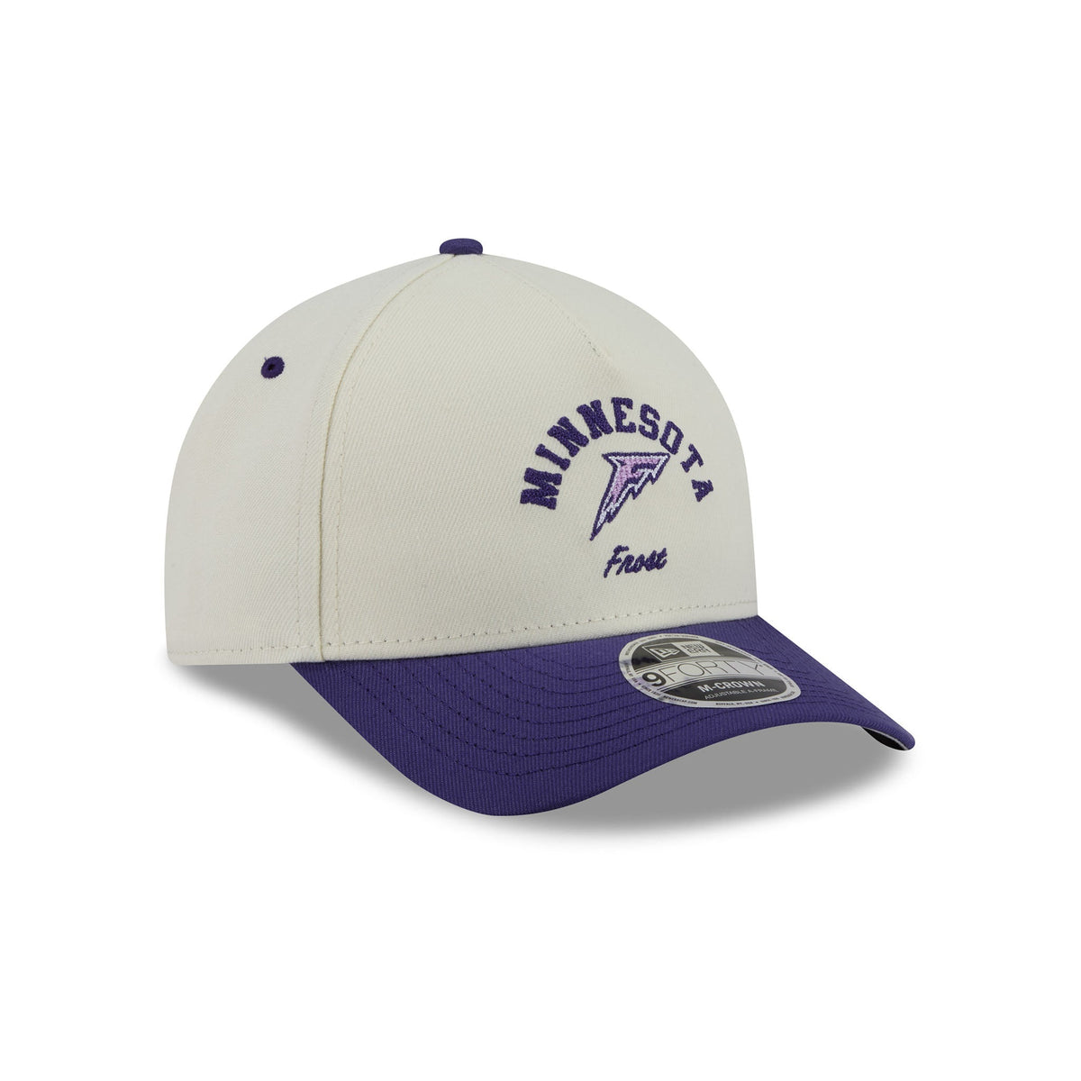 An off-white and purple Minnesota Frost baseball cap by New Era, featuring an embroidered purple 'MINNESOTA Frost' logo on the front, set against a clean white background.