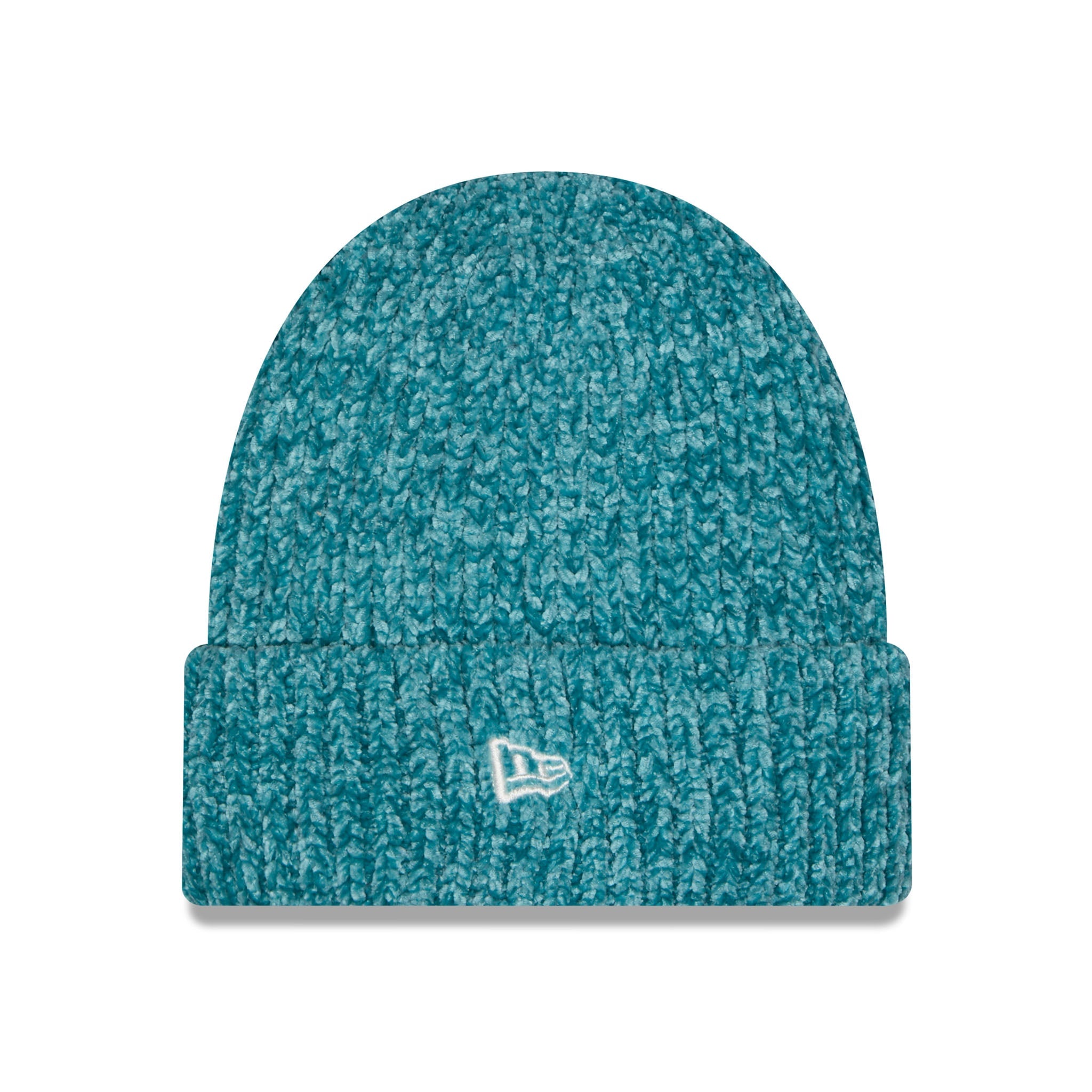 A teal blue heathered knit beanie hat with a folded cuff and a small white embroidered New Era flag logo on the front, shown against a plain white background.