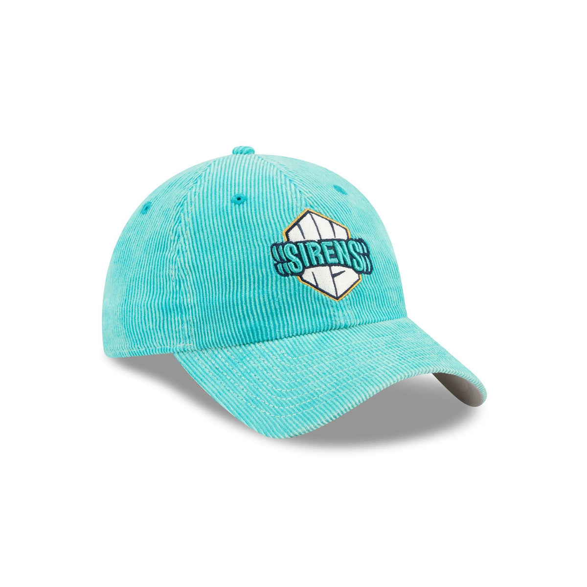 A light turquoise corduroy baseball cap with a curved brim, featuring an embroidered 'SIRENS' logo patch on the front. The cap is photographed on a clean white background with a soft drop shadow.