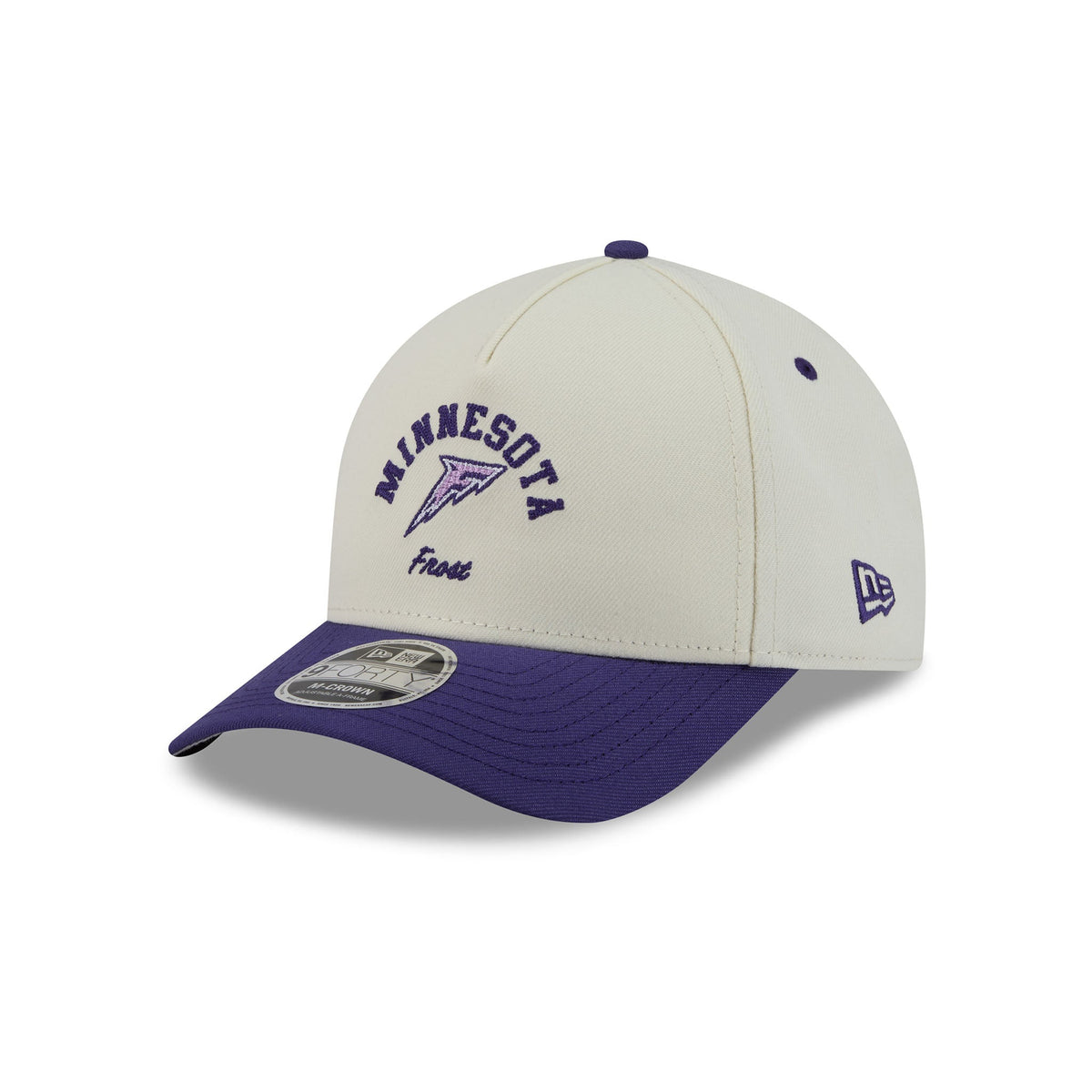 A New Era 9FORTY baseball cap in off-white and purple, featuring 'MINNESOTA Frost' embroidered on the front and a purple New Era logo on the side.