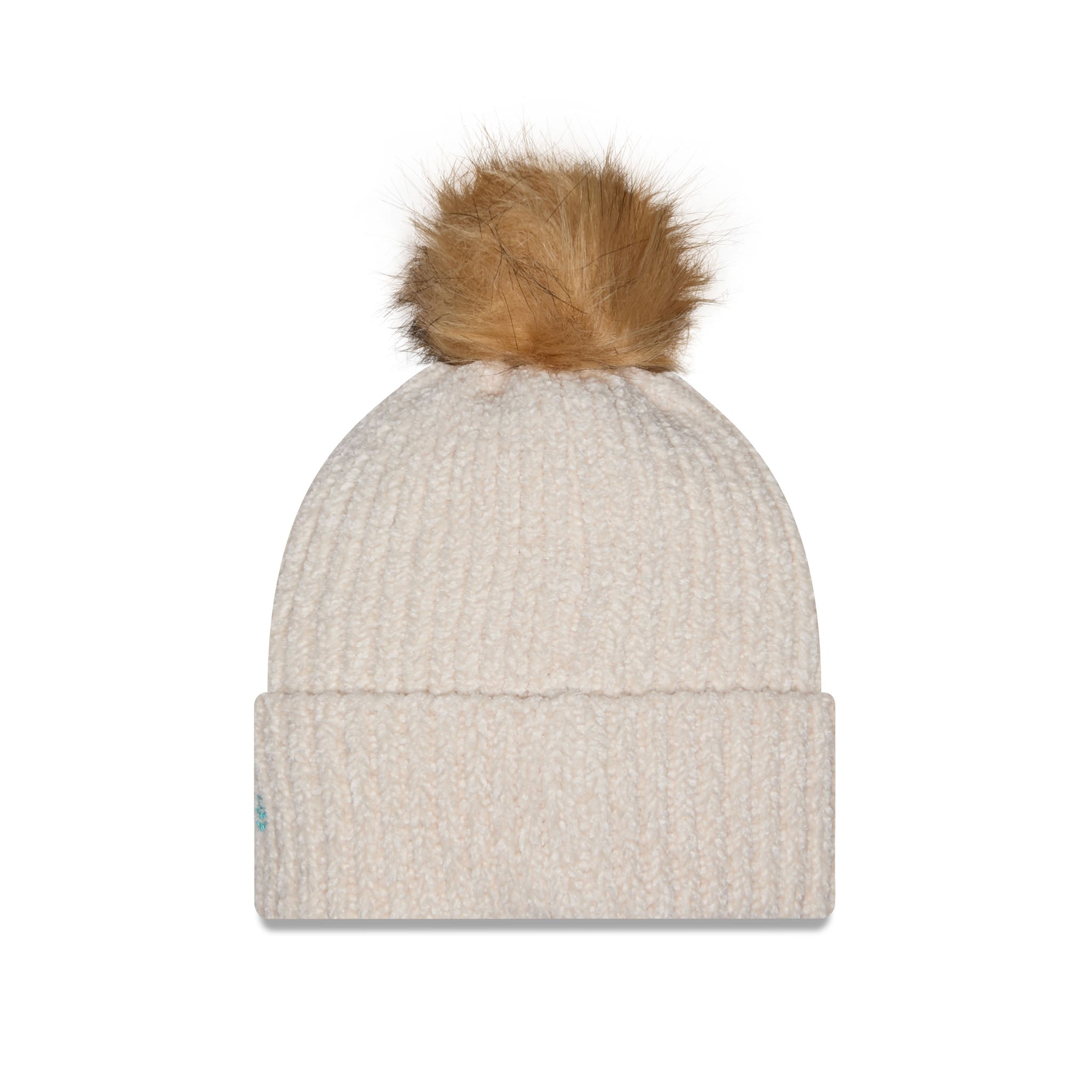A cream-colored ribbed knit beanie hat with a fluffy tan faux fur pom-pom on top, shown against a plain white background.