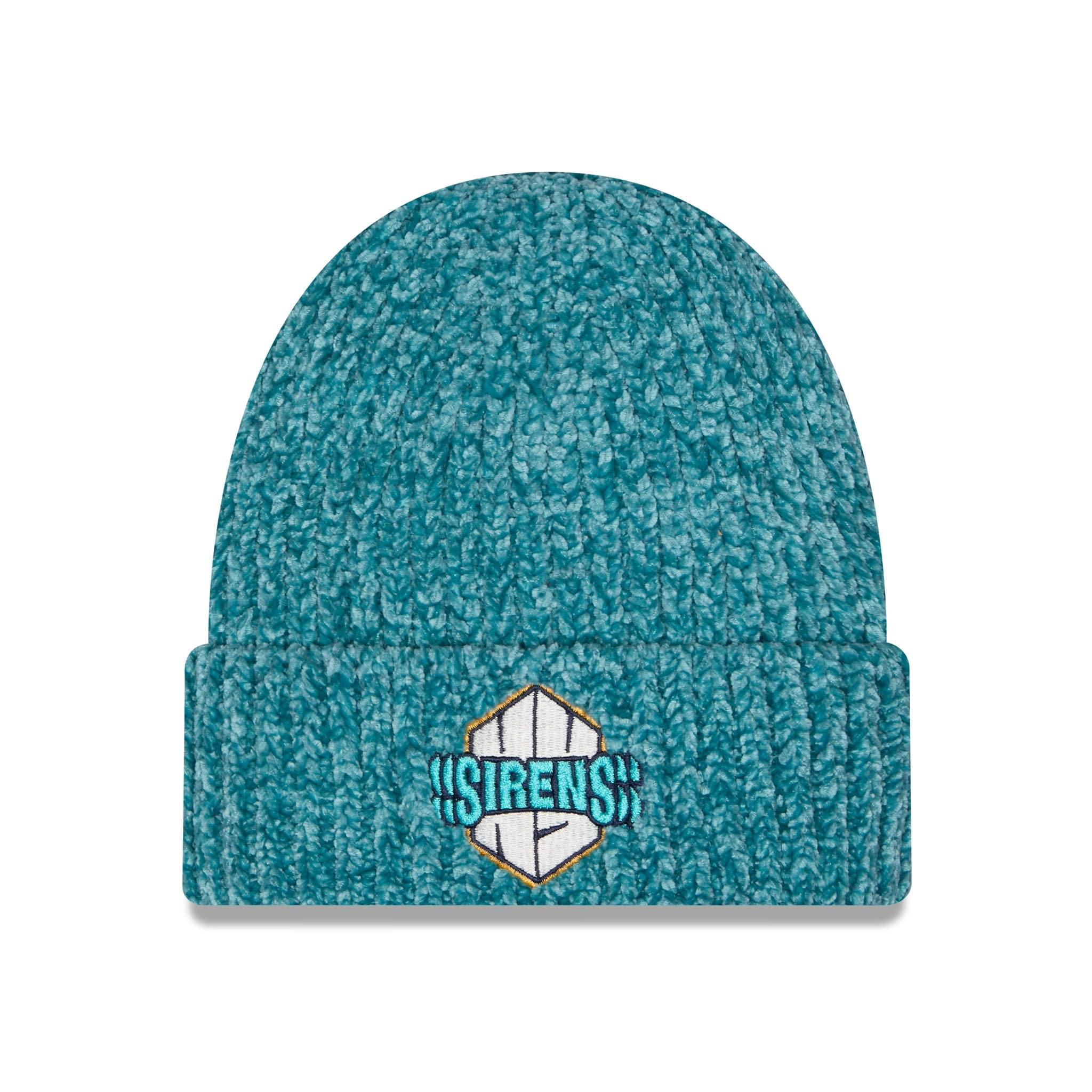 A teal heathered knit beanie with a folded cuff, featuring a central embroidered logo for the Sirens. The beanie is photographed against a clean white background.
