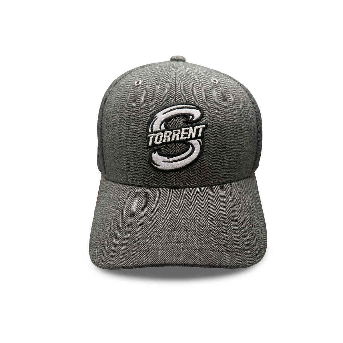Front of a gray herringbone hat with a black and white Seattle Torrent logo embroidered. 