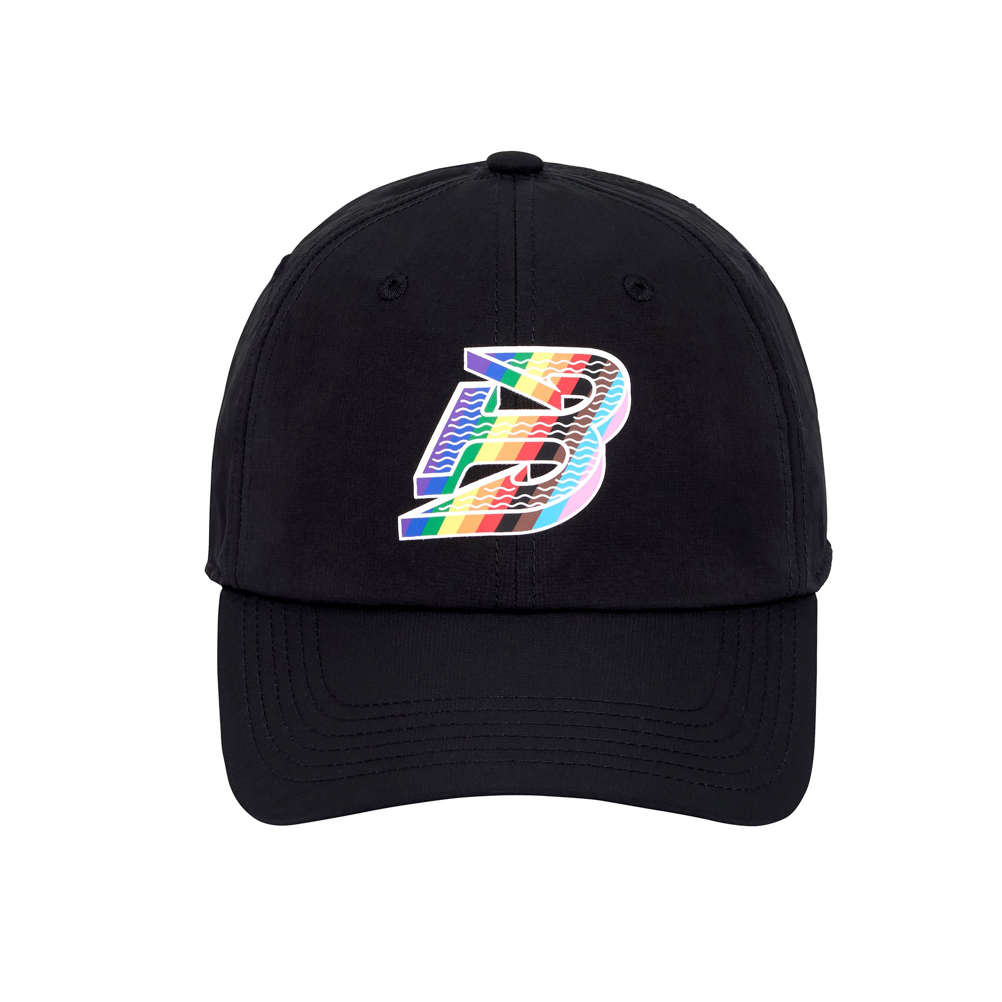 Black cap with a colorful 'B' logo on a white background