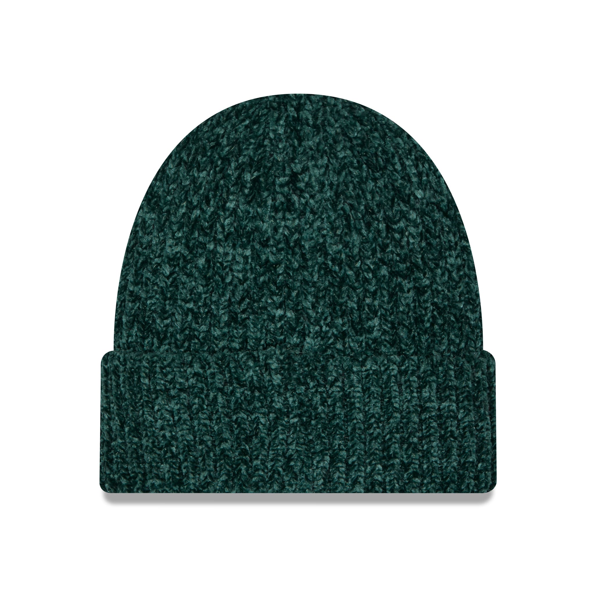 A dark green marled knit beanie hat with a folded cuff, shown against a plain white background.
