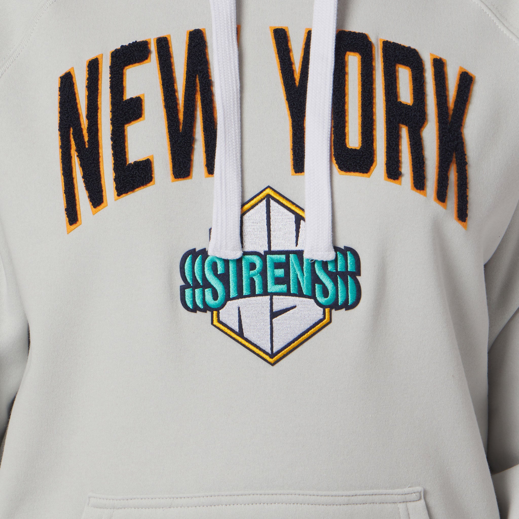 Gray hoodie with 'NEW YORK' text and 'SIRENS' logo on a white background