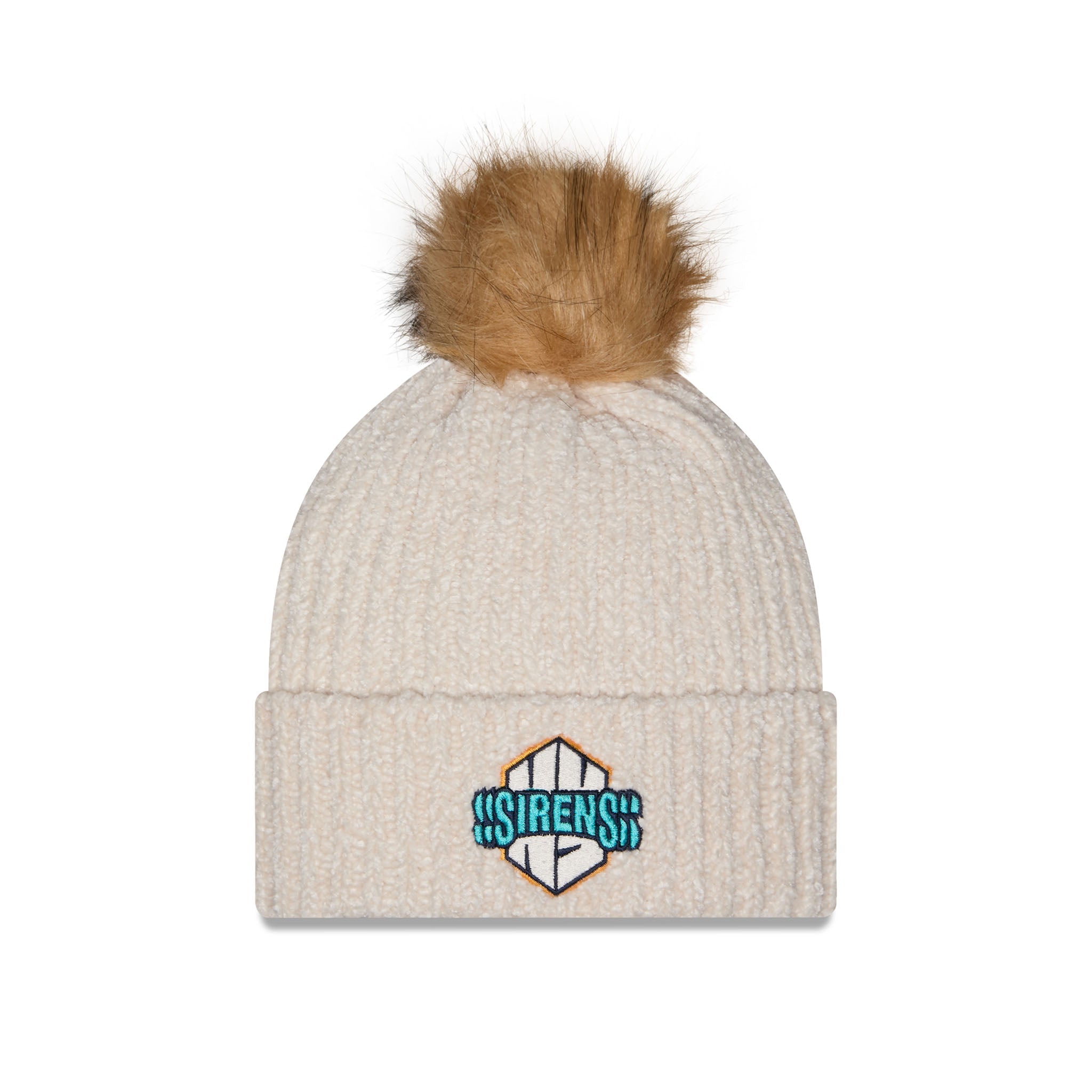 A ribbed knit pom-pom beanie in cream with a brown faux-fur pom-pom on top and a teal and white embroidered logo on the front cuff.
