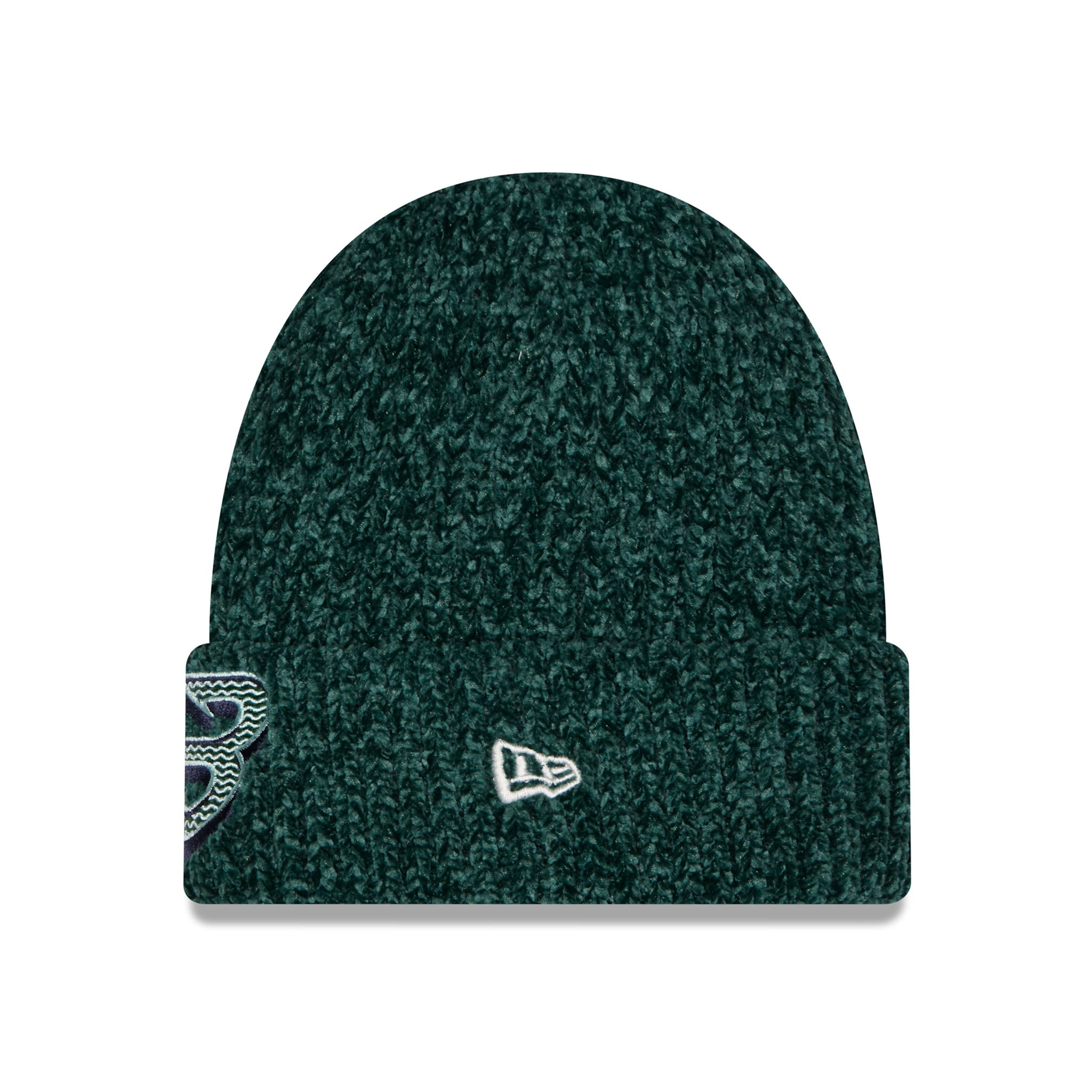 A dark green heathered knit beanie hat with a folded cuff, featuring a white embroidered New Era logo on the front and a stylized white and gray logo on the side.