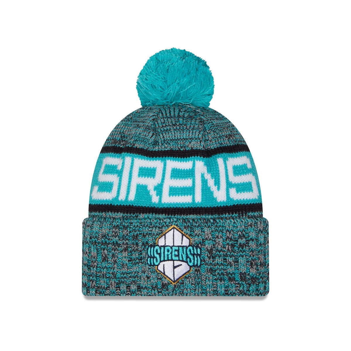 A teal and black knit pom-pom beanie with 'SIRENS' in white across the top and a Sirens logo patch on the front cuff, shown on a plain white background.