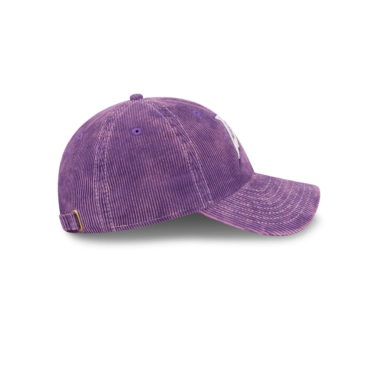 A purple corduroy baseball cap with a white embroidered logo on the side, shown from a three-quarters angle on a white background.