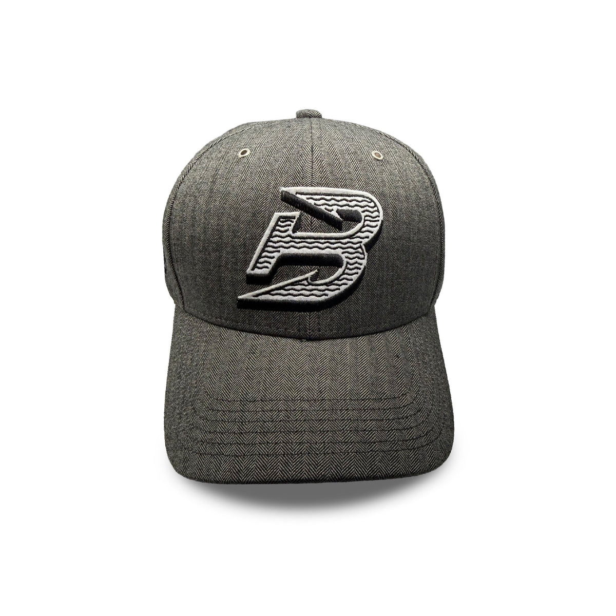 Front of a gray herringbone hat with a black and white Boston Fleet logo embroidered. 