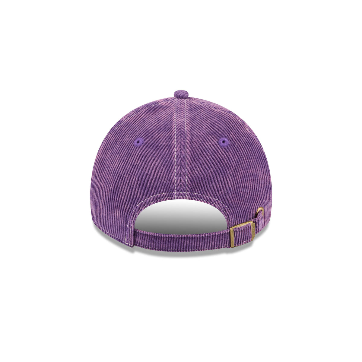 A purple corduroy baseball cap shown from the back, featuring a matching purple button on top and an adjustable strap with a gold-tone metal buckle.