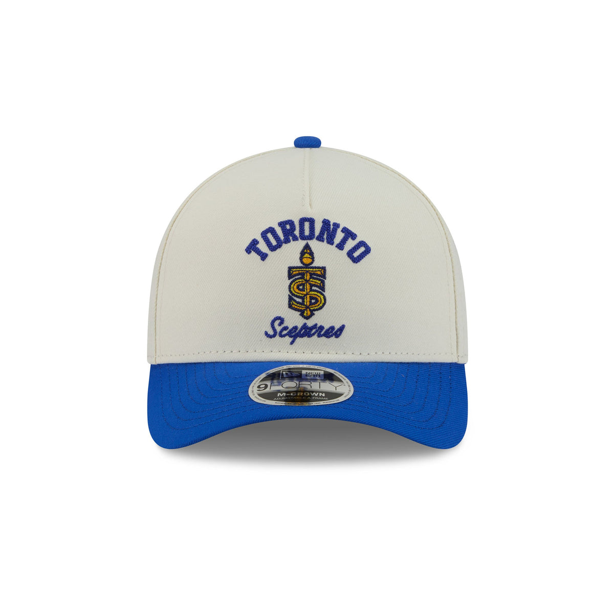 A structured baseball cap with an off-white crown and a royal blue visor, featuring embroidered 'TORONTO Sceptres' text and a team crest on the front. A silver oval sticker is visible on the brim.