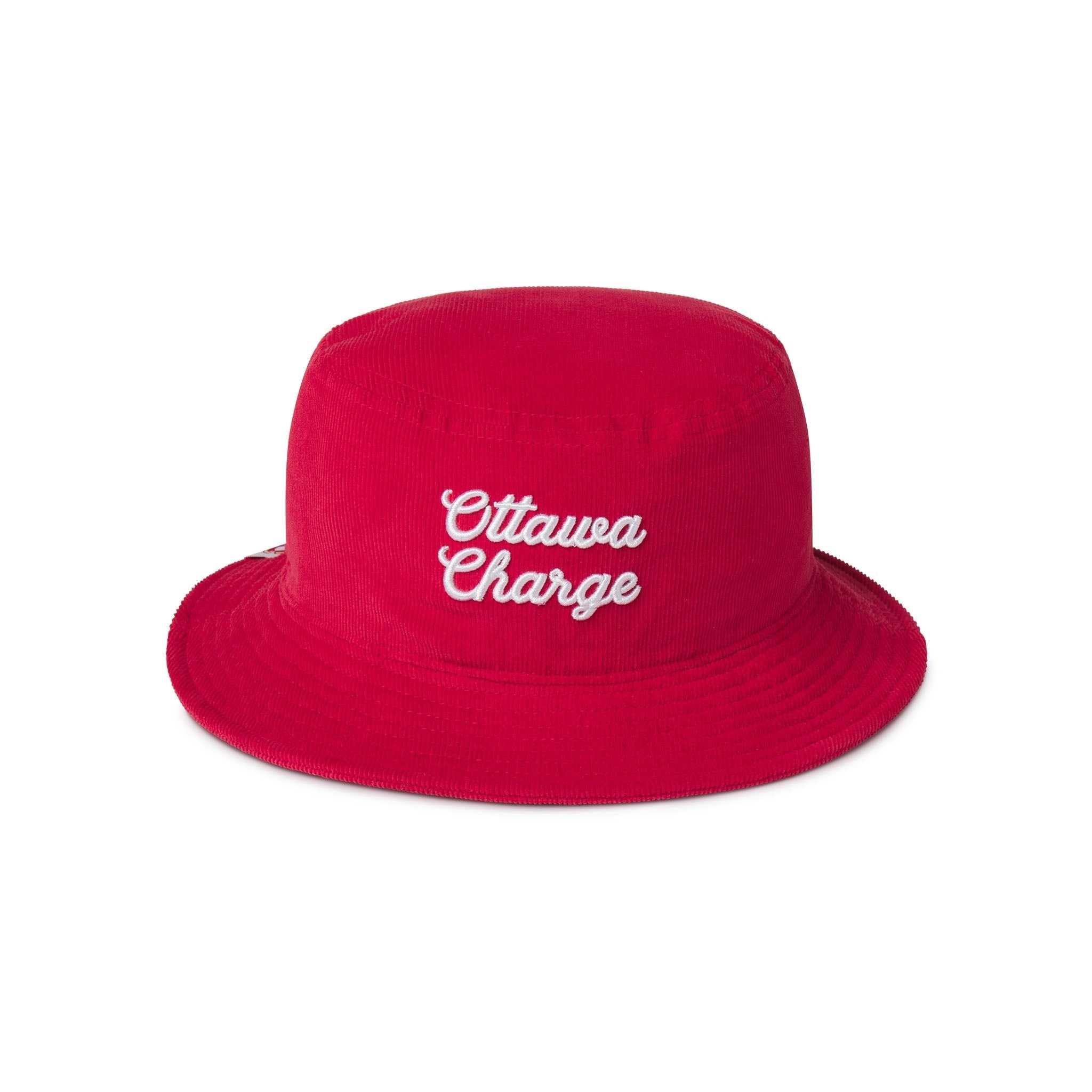 Red bucket hat with 'Ottawa Charge' text on a white background