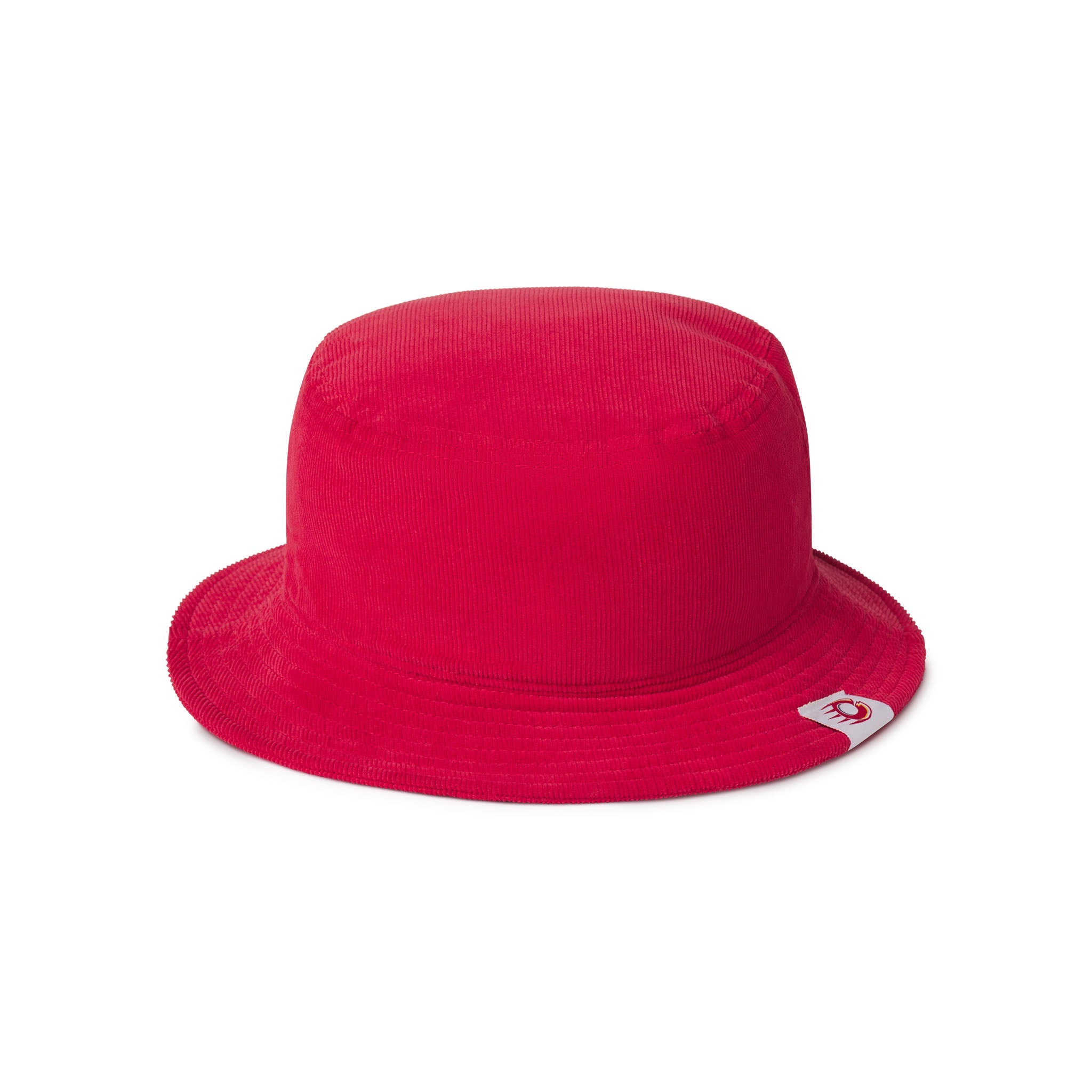 Red bucket hat with a brand logo on a white background