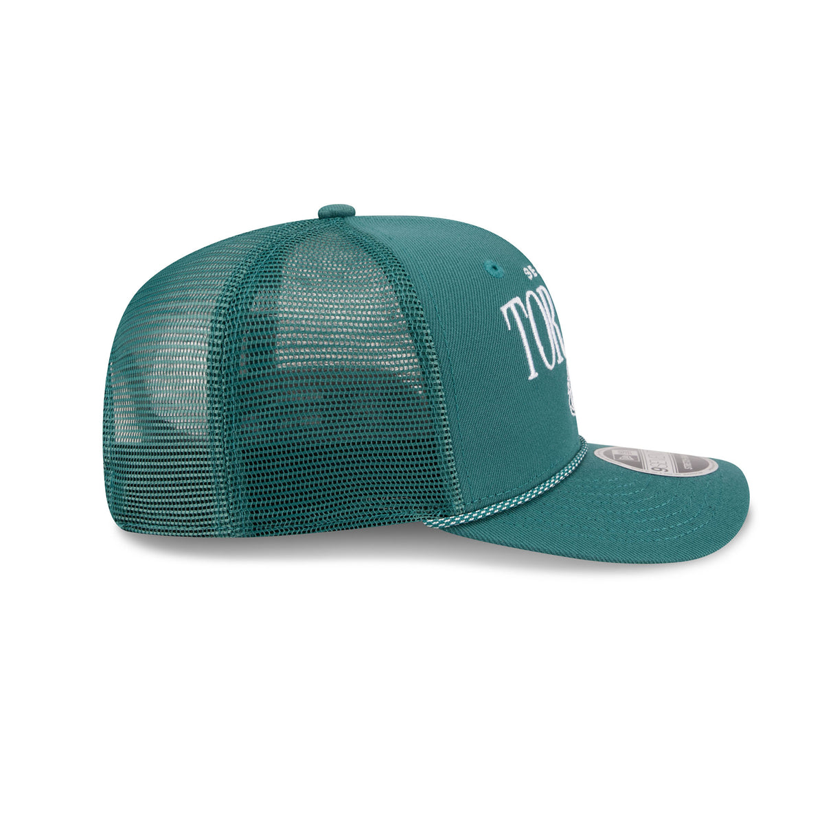 Right side of a dark teal structured hat with a dark teal mesh back and a dark teal and white speckled chord along the base of the brim. 'SEATTLE' is embroidered small above a larger 'TORRENT' with a Seattle Torrent logo set in front of it.