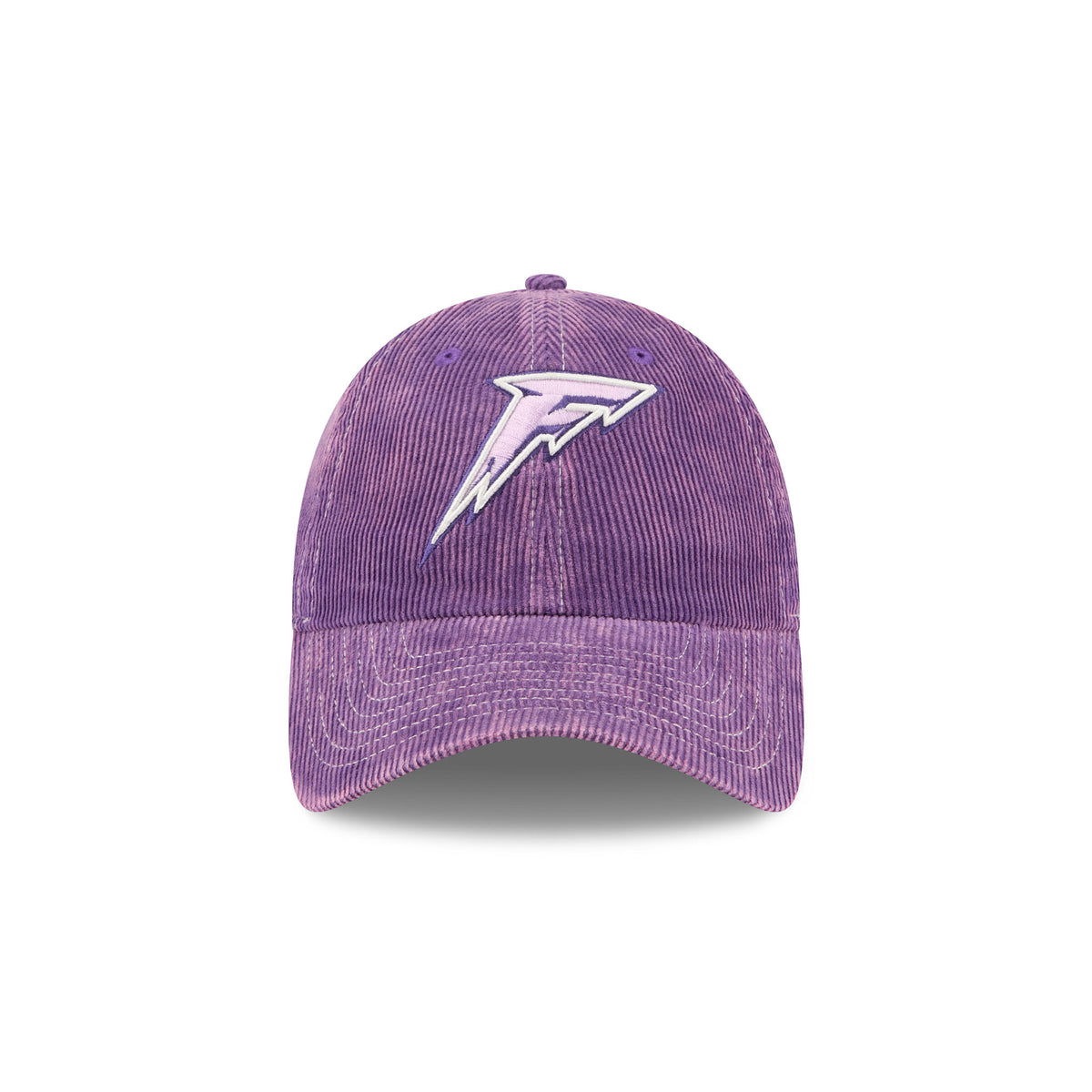 A purple corduroy baseball cap featuring a stylized white and purple 'F' logo on the front, set against a plain white background.