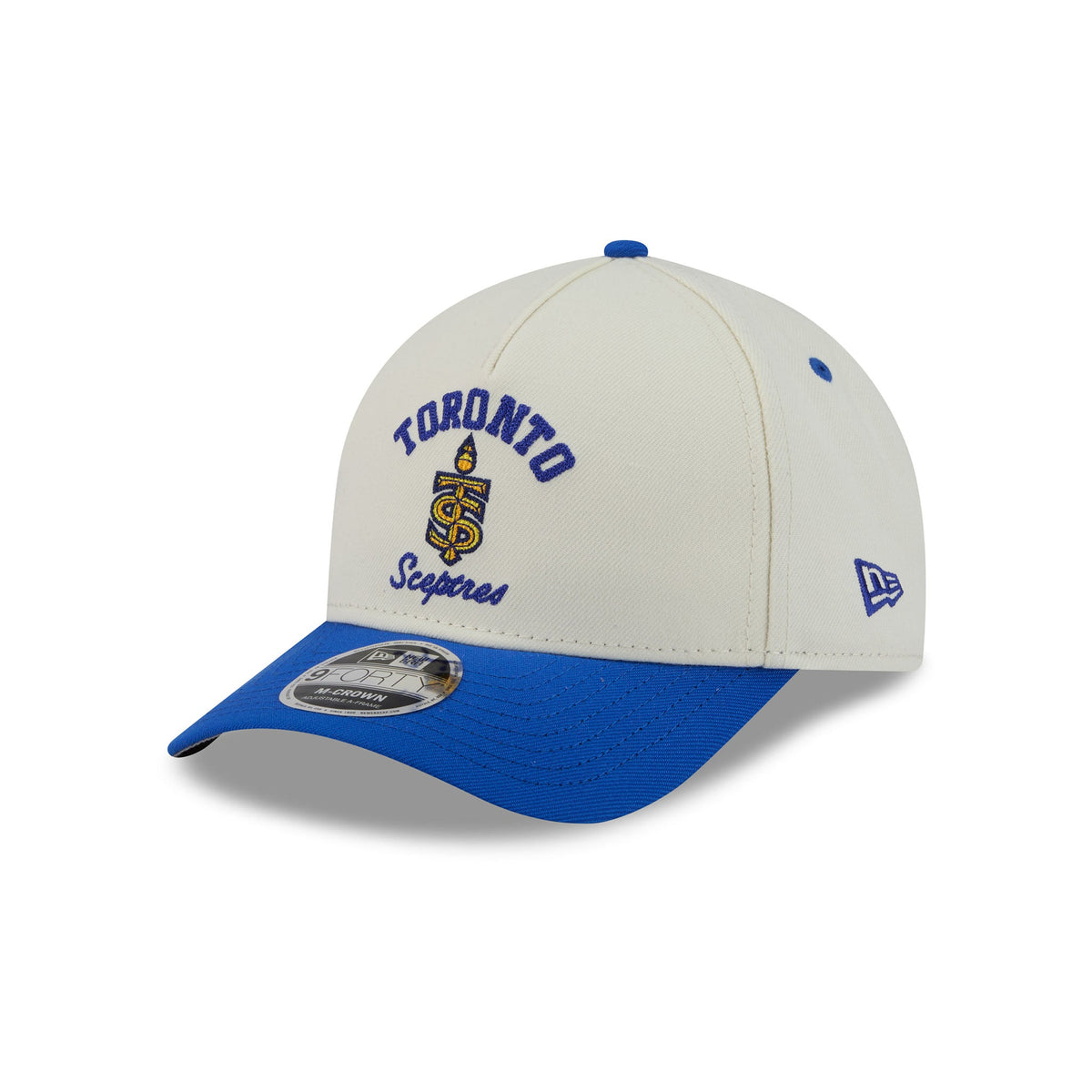A Toronto Spiders baseball cap in off-white and royal blue, featuring the team logo and name on the front, a blue New Era flag on the side, and a blue button on top, shown on a white background.