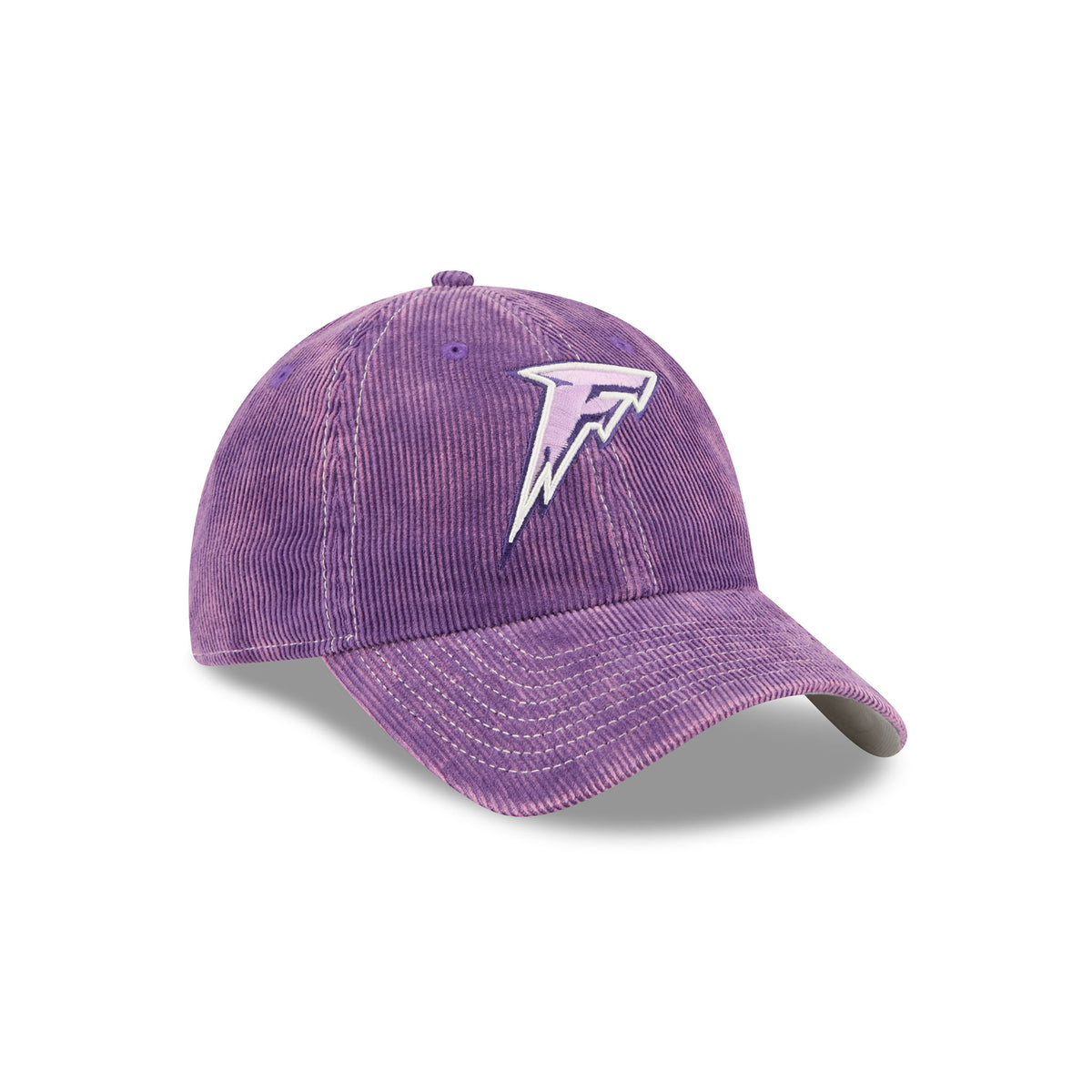A purple corduroy baseball cap with a white and purple stylized 'F' logo on the front, displayed on a clean white background with a soft shadow.