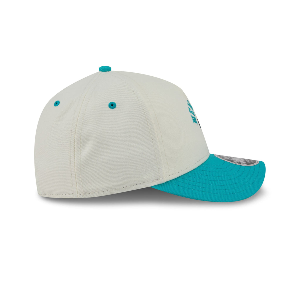 A structured baseball cap with an off-white crown and a bright turquoise brim, featuring matching turquoise eyelets and a small turquoise logo on the side.