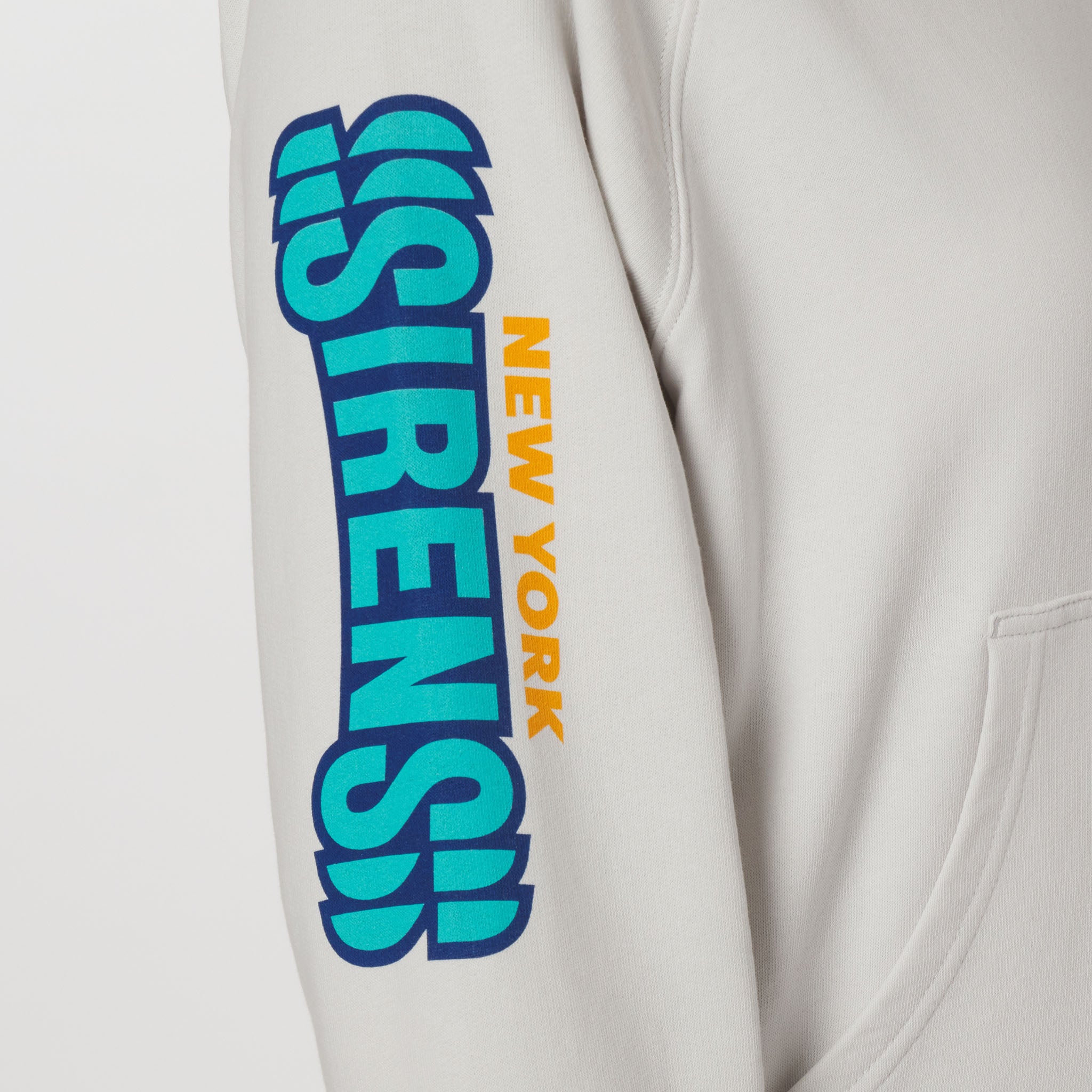 Gray sweatshirt with blue and orange text on a white background