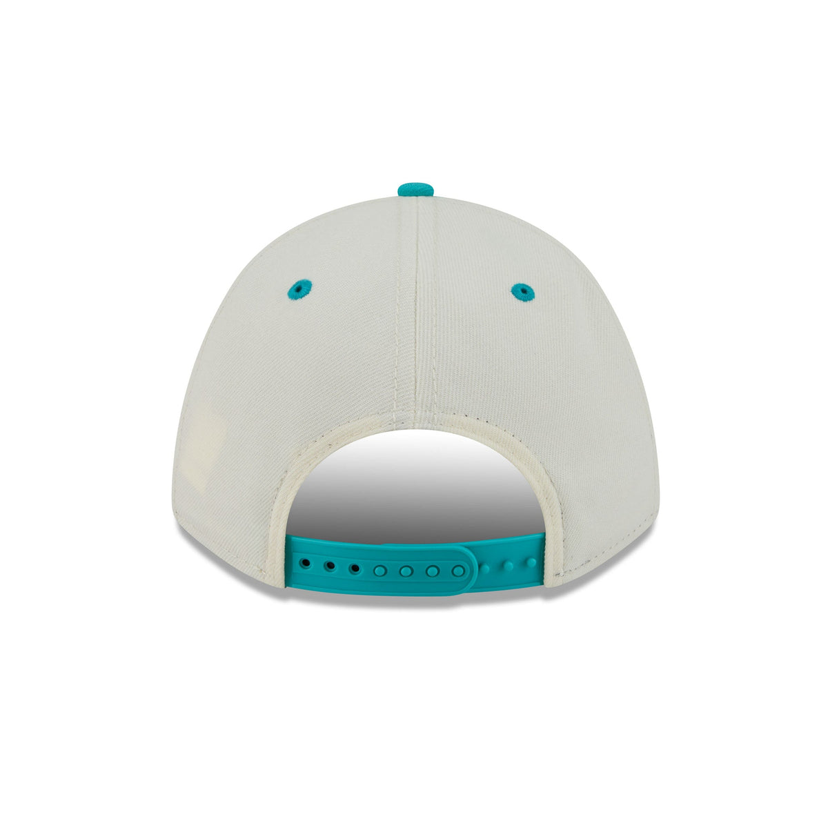 The back of a structured baseball cap in off-white with bright turquoise accents on the snapback strap, eyelets, and top button, shown on a plain white background.