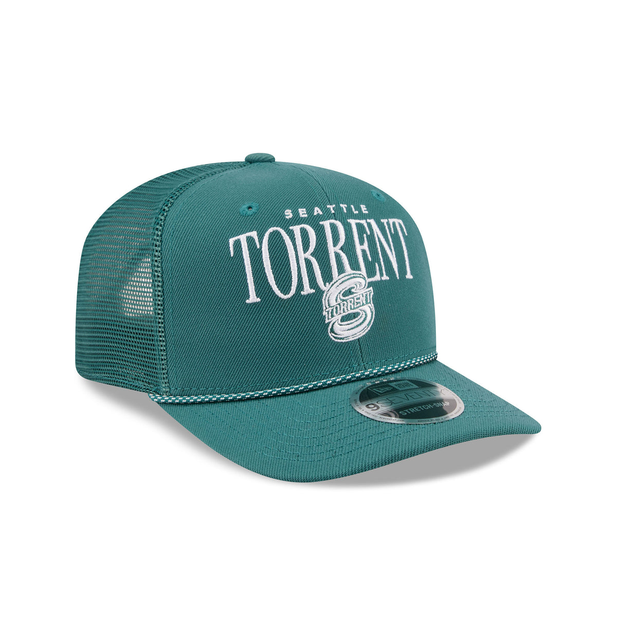 Right side of a dark teal structured hat with a dark teal mesh back and a dark teal and white speckled chord along the base of the brim. 'SEATTLE' is embroidered small above a larger 'TORRENT' with a Seattle Torrent logo set in front of it.