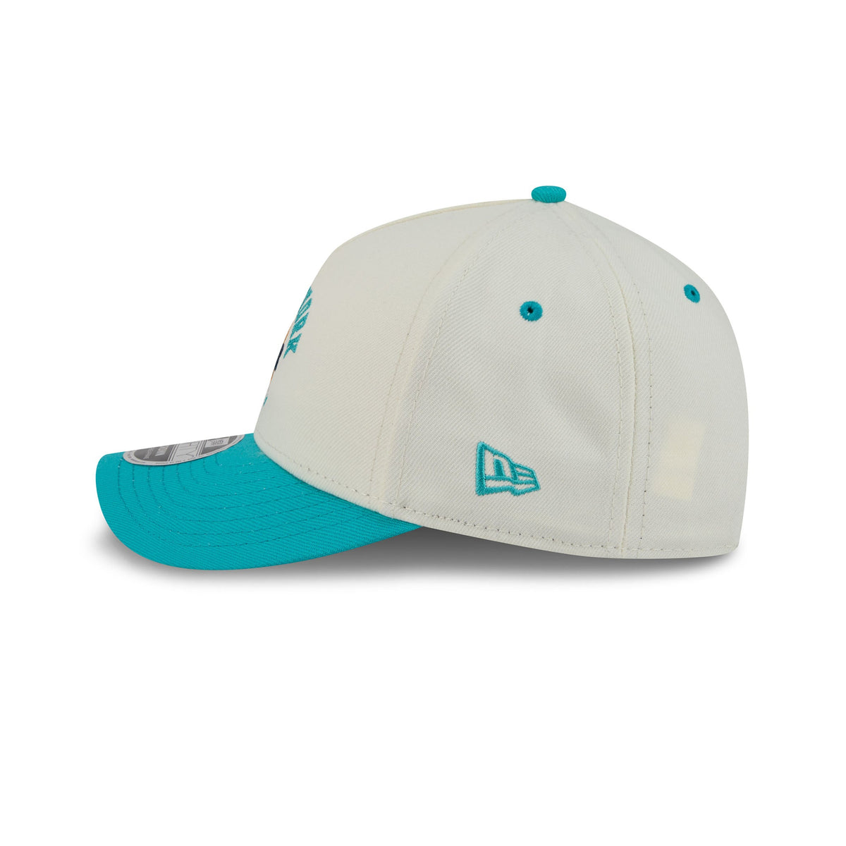 A structured baseball cap in off-white with a bright turquoise brim, turquoise eyelets, and a turquoise New Era flag logo on the side.