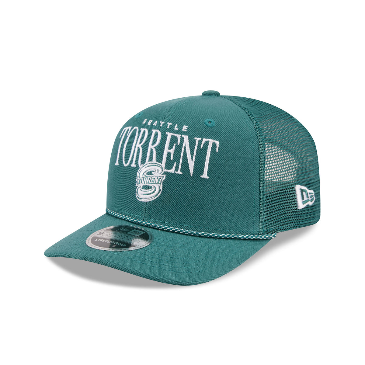 Left side of a dark teal structured hat with a dark teal mesh back and a dark teal and white speckled chord along the base of the brim. 'SEATTLE' is embroidered small above a larger 'TORRENT' with a Seattle Torrent logo set in front of it. White New Era logo stitched on side of dark teal mesh.