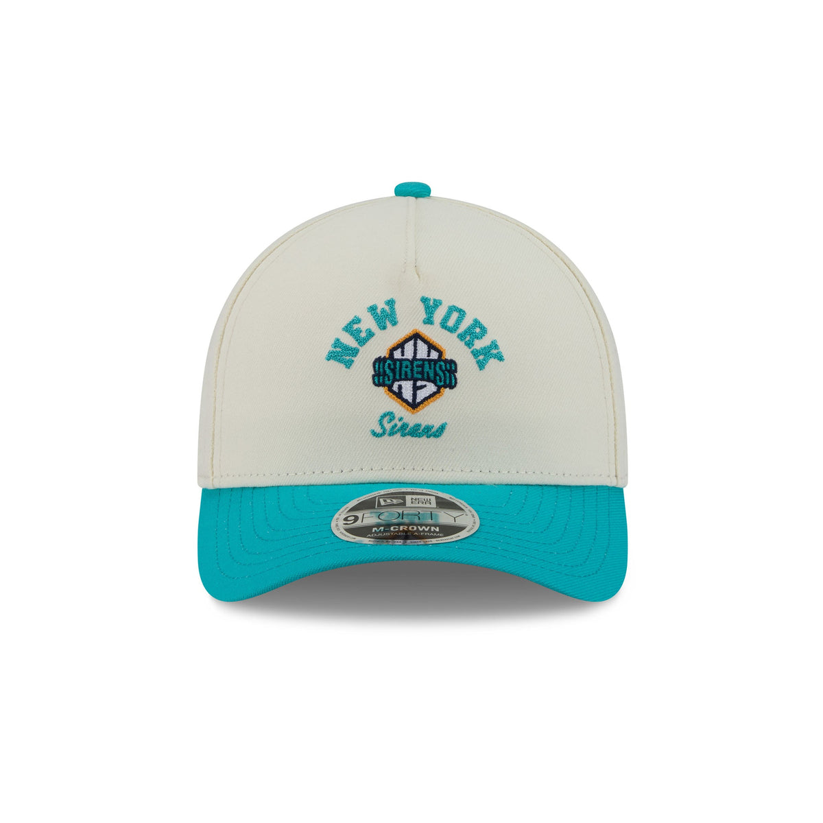 A New Era 9FIFTY fitted cap featuring an off-white crown with a teal embroidered 'NEW YORK Sirens' logo on the front, and a solid teal visor and matching teal button.